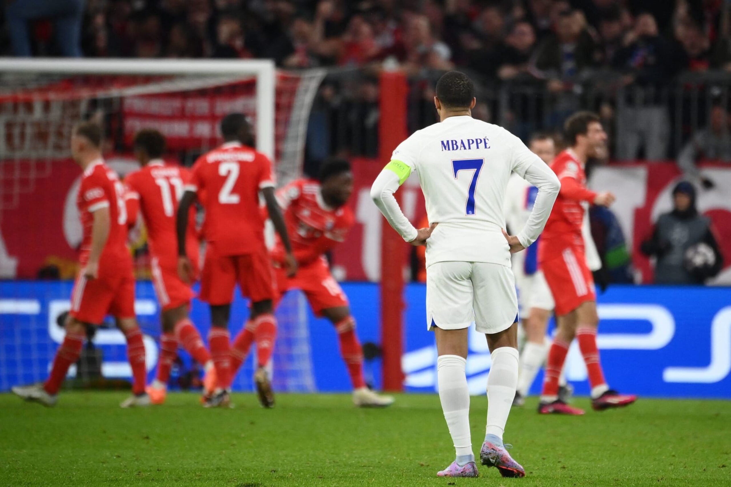 Paris Saint-Germain's French forward Kylian Mbappe reacts during the UEFA Champions League round of 16, 2nd-leg football match FC Bayern Munich v Paris Saint-Germain FC in Munich, southern Germany, on March 8, 2023. (Photo by FRANCK FIFE / AFP) (Photo by FRANCK FIFE/AFP via Getty Images)