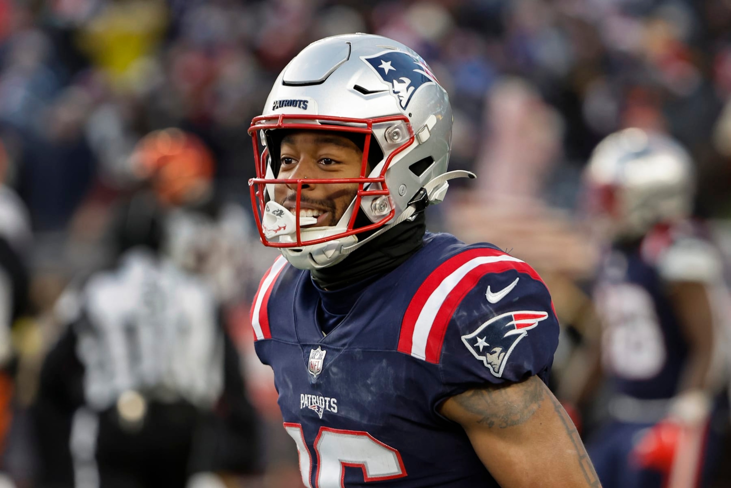 FOXBOROUGH, MA - DECEMBER 24: Jakobi Meyers #16 of the New England Patriots smiles after catching a touchdown pass against the Cincinnati Bengals during the game at Gillette Stadium on December 24, 2022 in Foxborough, Massachusetts.(Photo By Winslow Townson/Getty Images)