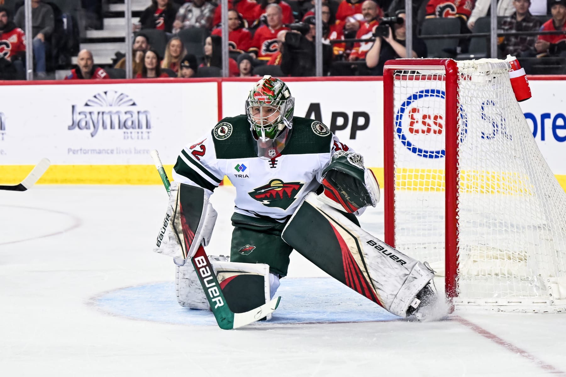 CALGARY, AB - MARCH 04: Minnesota Wild Goalie Filip Gustavsson (32) watches the play from his net during the first period of an NHL game between the Calgary Flames and the Minnesota Wild on March 4, 2023, at the Scotiabank Saddledome in Calgary, AB. (Photo by Brett Holmes/Icon Sportswire via Getty Images)