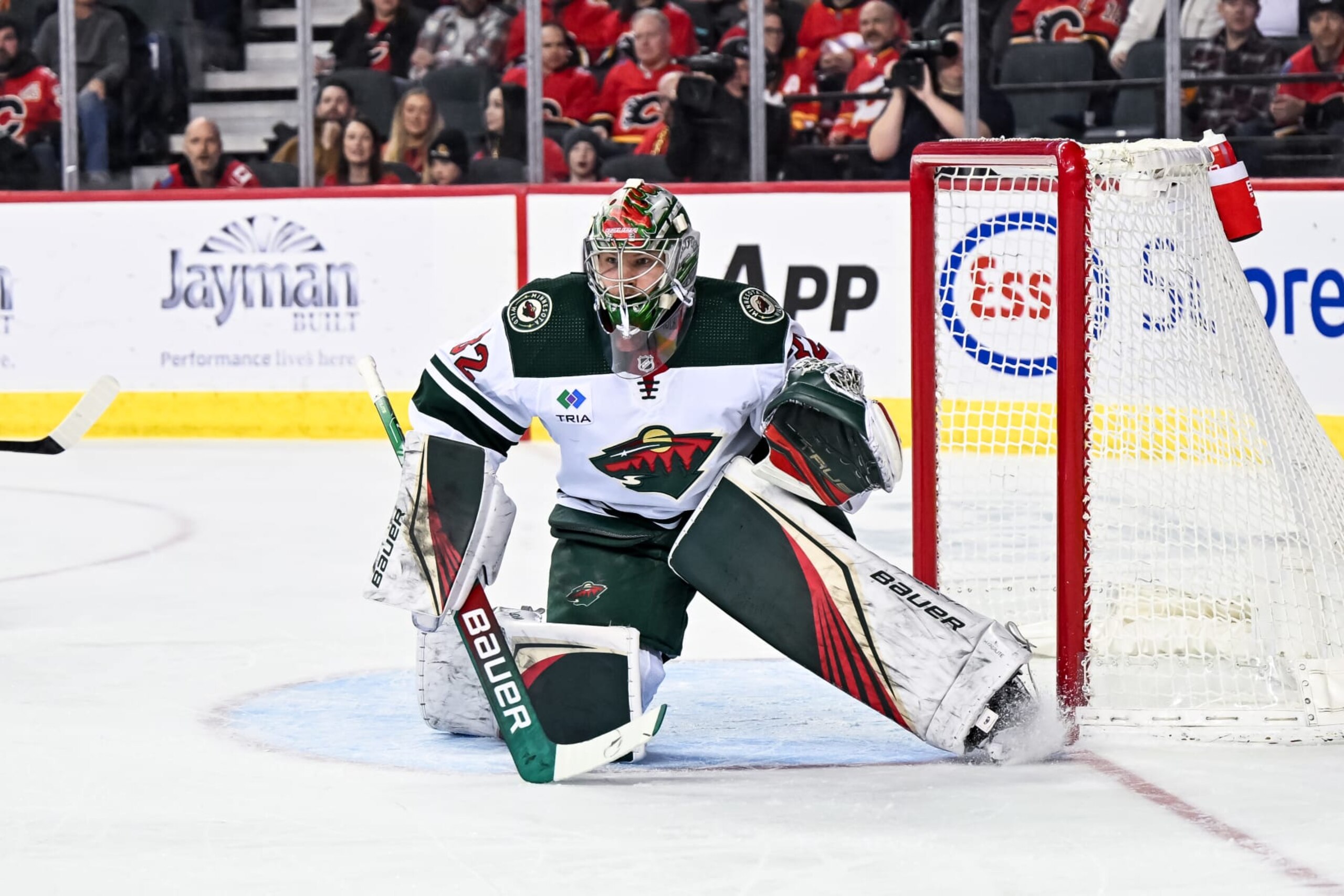 CALGARY, AB - MARCH 04: Minnesota Wild Goalie Filip Gustavsson (32) watches the play from his net during the first period of an NHL game between the Calgary Flames and the Minnesota Wild on March 4, 2023, at the Scotiabank Saddledome in Calgary, AB. (Photo by Brett Holmes/Icon Sportswire via Getty Images)