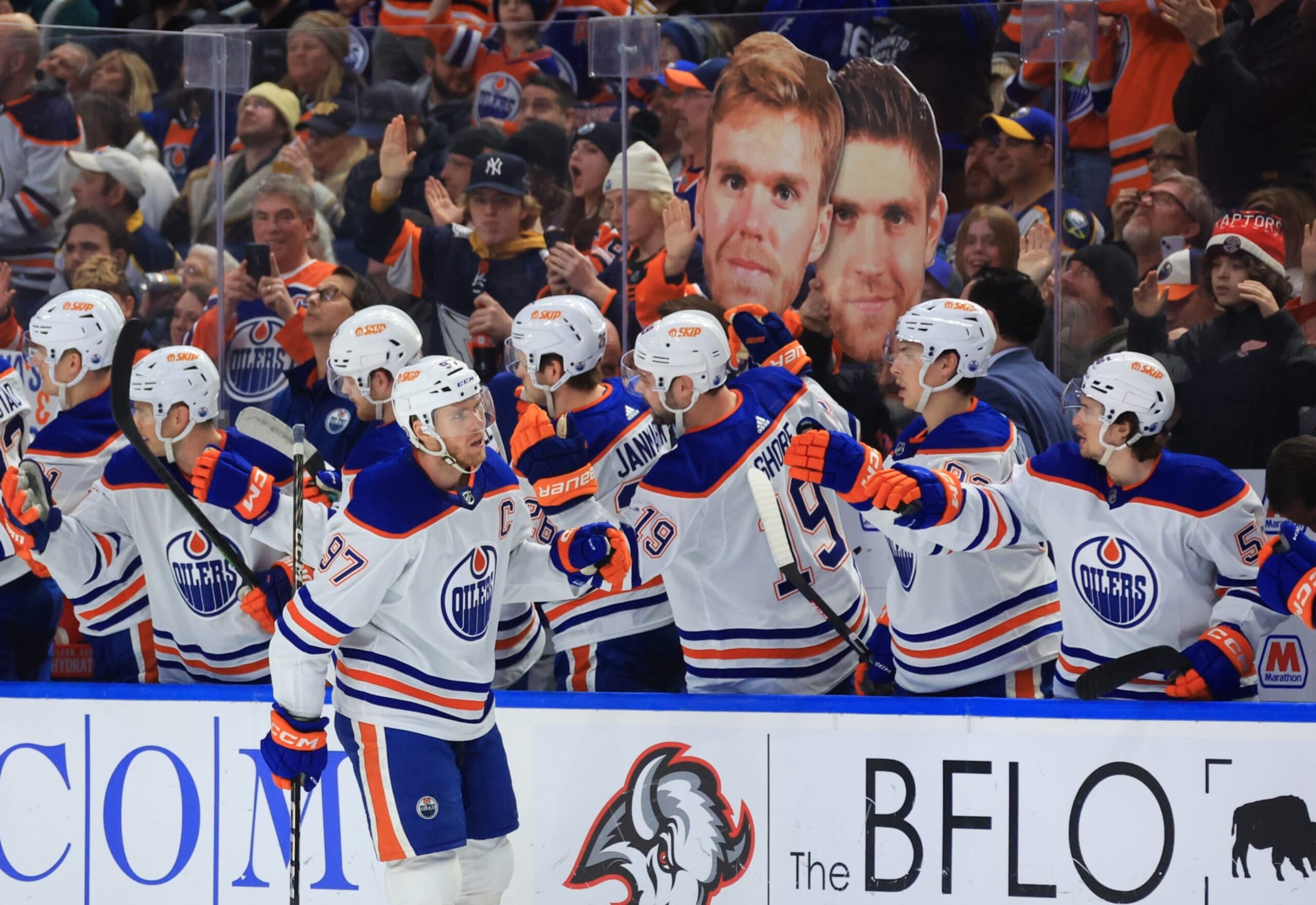 BUFFALO, NY - MARCH 6: Connor McDavid #97 of the Edmonton Oilers c celebrates his first period goal against the Buffalo Sabres during an NHL game on March 6, 2023 at KeyBank Center in Buffalo, New York. (Photo by Bill Wippert/NHLI via Getty Images)