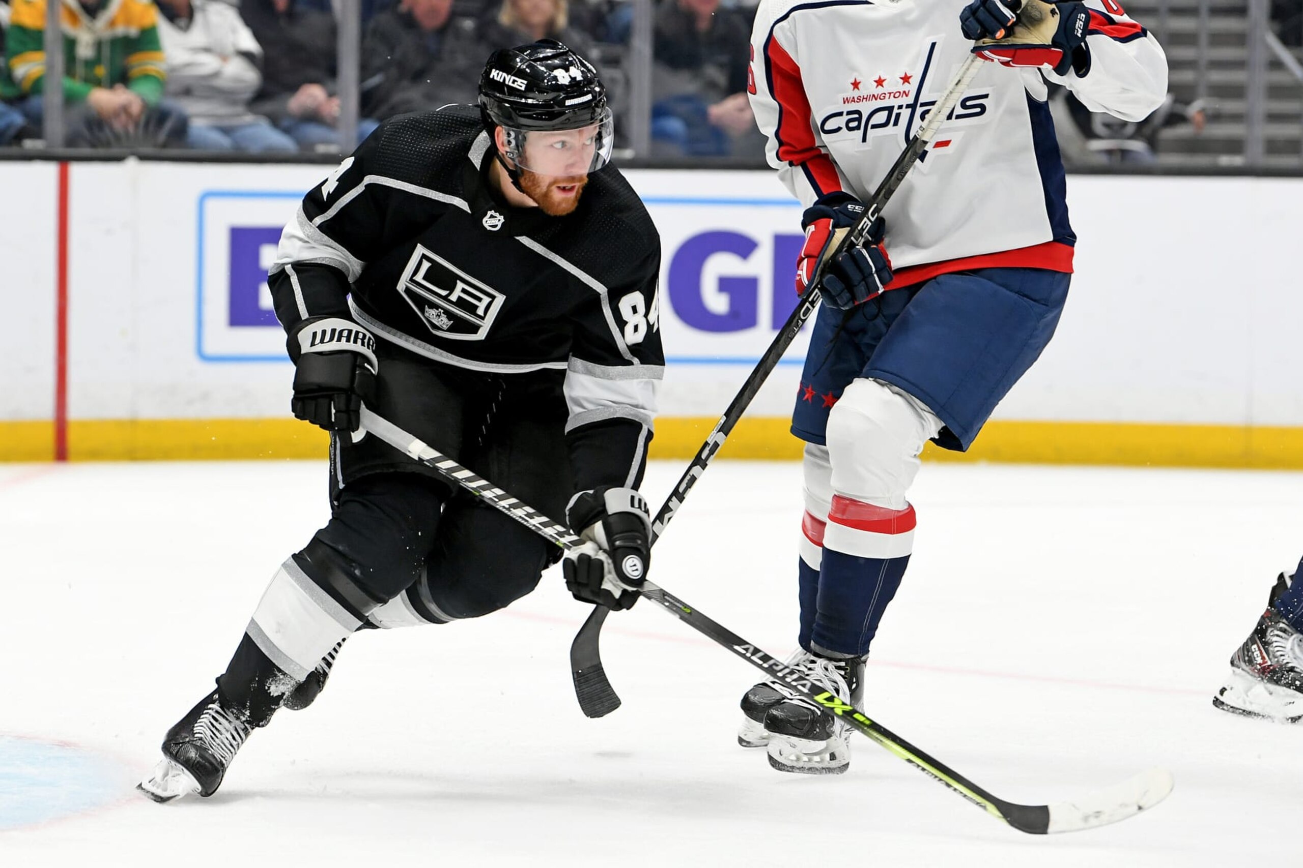 LOS ANGELES, CA - MARCH 06: Los Angeles Kings Defenceman Vladislav Gavrikov (84) skates towards the play during an NHL game between the Washington Capitals and the Los Angeles Kings on March 6th, 2023, at the Crypto.com Arena in Los Angeles, CA. (Photo by Rob Curtis/Icon Sportswire via Getty Images)