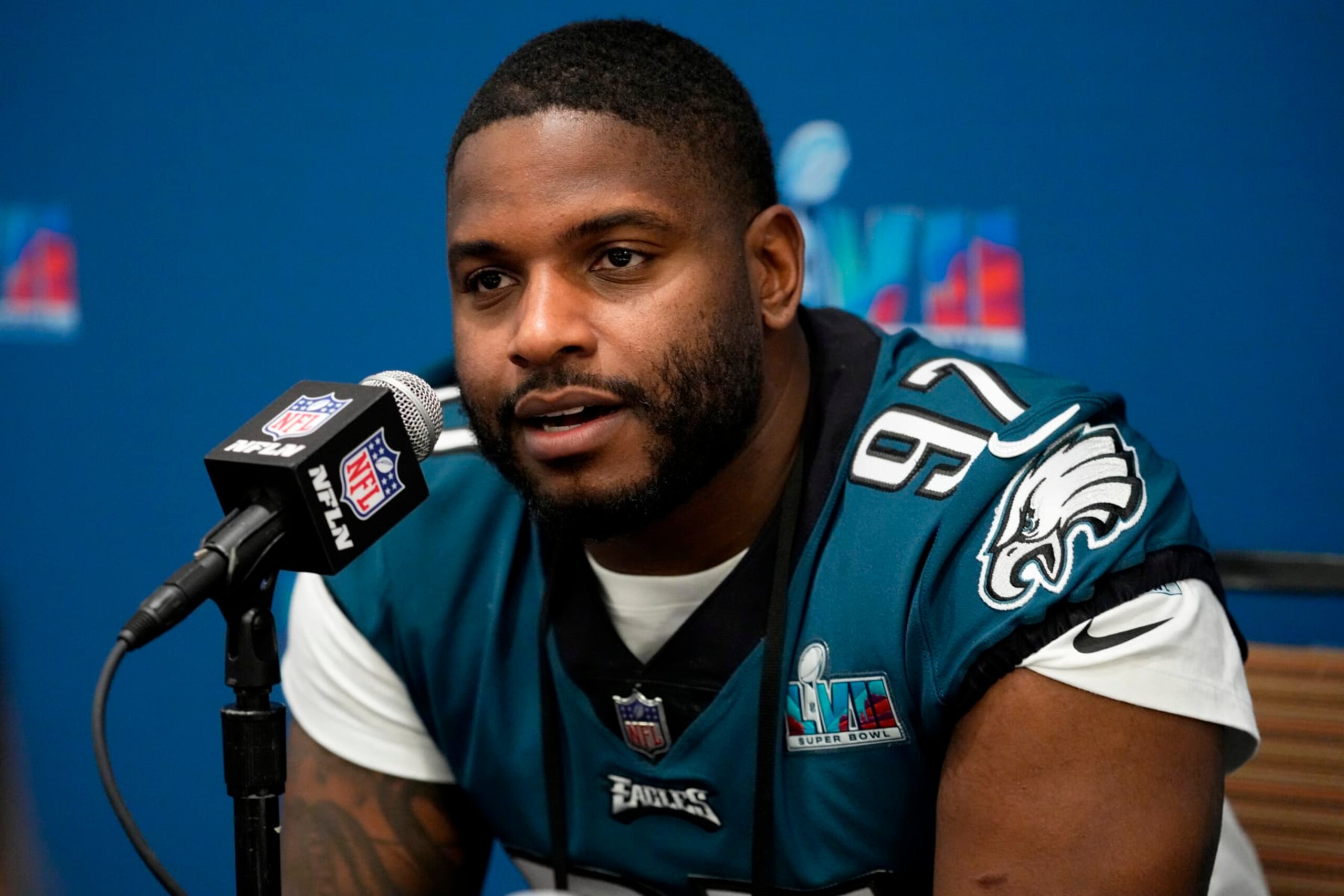 Philadelphia Eagles defensive tackle Javon Hargrave speaks during an NFL football Super Bowl team availability, Wednesday, Feb. 8, 2023, in Phoenix. The Eagles will face the Kansas City Chiefs in Super Bowl 57 Sunday. (AP Photo/Matt York)
