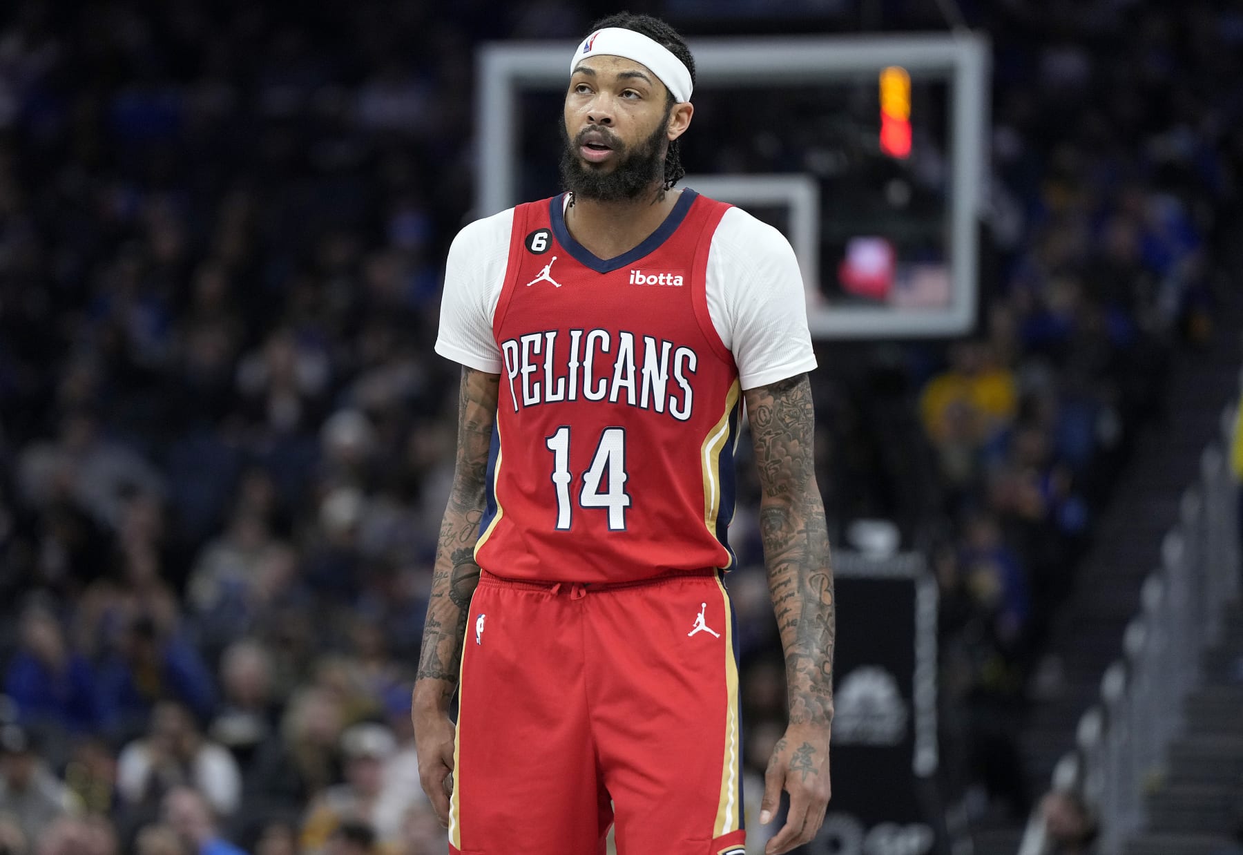 SAN FRANCISCO, CALIFORNIA - MARCH 03: Brandon Ingram #14 of the New Orleans Pelicans looks on against the Golden State Warriors during the second quarter of an NBA basketball game at Chase Center on March 03, 2023 in San Francisco, California. NOTE TO USER: User expressly acknowledges and agrees that, by downloading and or using this photograph, User is consenting to the terms and conditions of the Getty Images License Agreement. (Photo by Thearon W. Henderson/Getty Images)