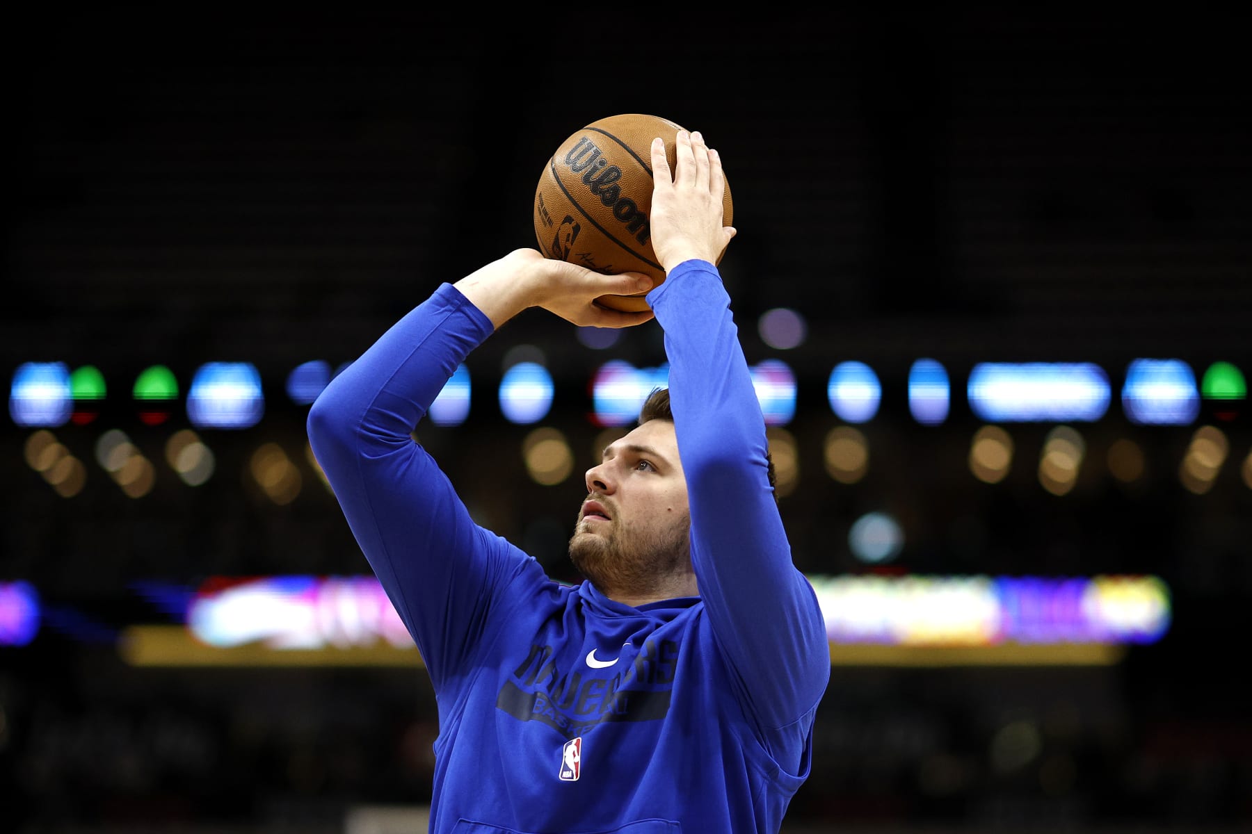 NEW ORLEANS, LOUISIANA - MARCH 08: Luka Doncic #77 of the Dallas Mavericks warms up prior to the start of an NBA game against the New Orleans Pelicans at Smoothie King Center on March 08, 2023 in New Orleans, Louisiana. NOTE TO USER: User expressly acknowledges and agrees that, by downloading and or using this photograph, User is consenting to the terms and conditions of the Getty Images License Agreement. (Photo by Sean Gardner/Getty Images)