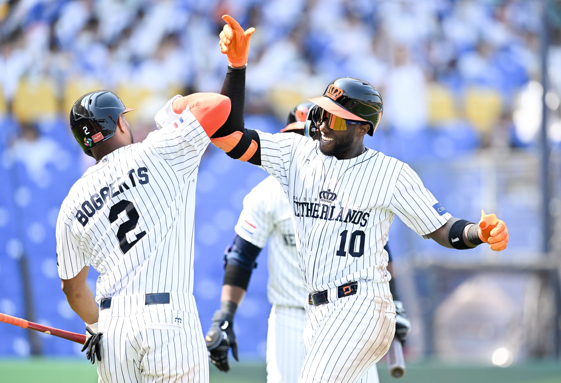 TAICHUNG, TAIWAN - MARCH 09: Jurikson Profar #10 of Team Netherlands reacts after hitting a solo homerun at the bottom of the 5th inning during the World Baseball Classic Pool A game between Panama and Netherlands at Taichung Intercontinental Baseball Stadium on March 09, 2023 in Taichung, Taiwan. (Photo by Gene Wang/Getty Images)