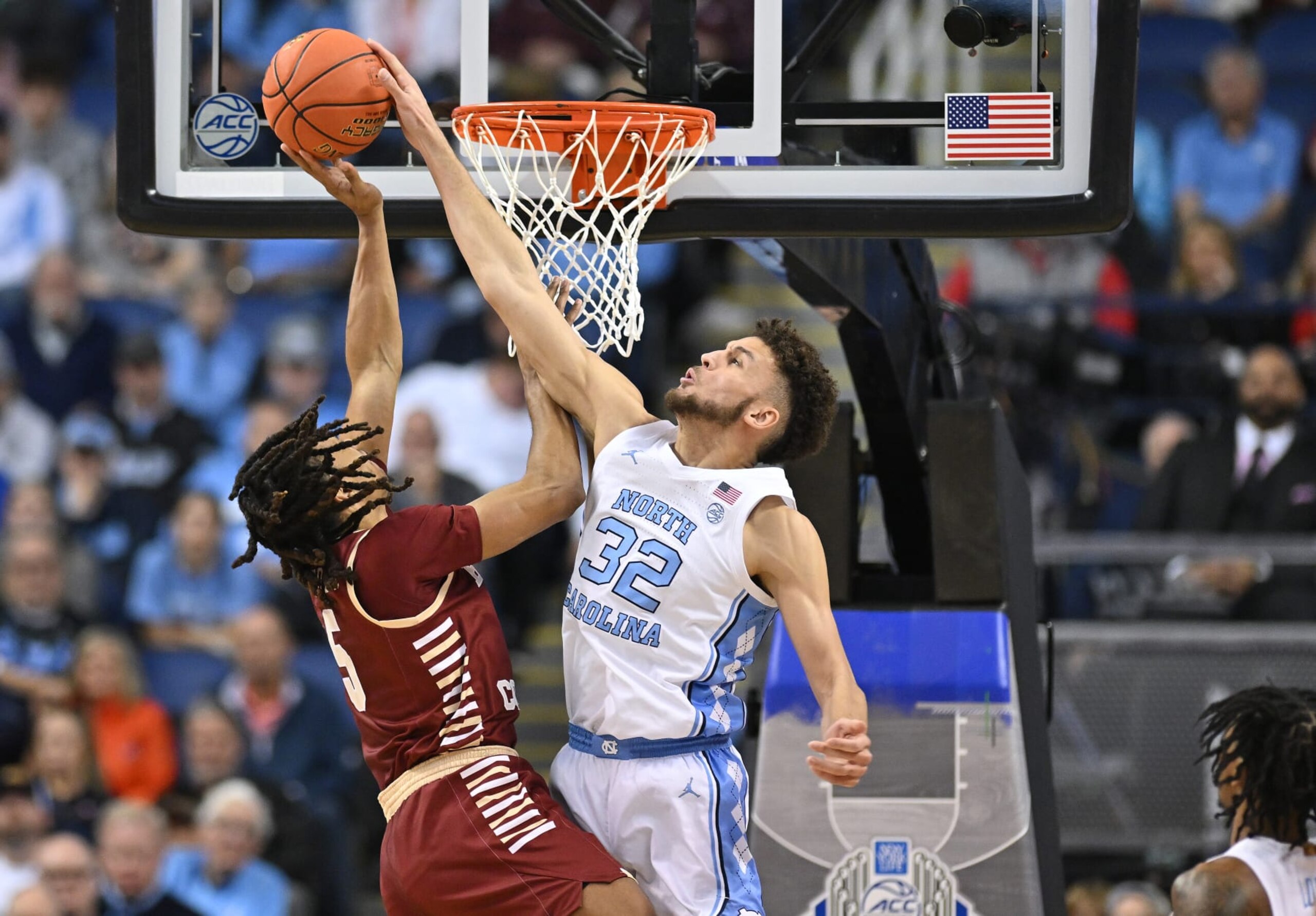 GREENSBORO, NORTH CAROLINA - MARCH 08: Pete Nance #32 of the North Carolina Tar Heels blocks a shot by DeMarr Langford Jr. #5 of the Boston College Eagles during the second half of their game in the second round of the ACC Basketball Tournament at Greensboro Coliseum on March 08, 2023 in Greensboro, North Carolina. (Photo by Grant Halverson/Getty Images) GREENSBORO, NORTH CAROLINA - MARCH 08: Pete Nance #32 of the North Carolina Tar Heels blocks a shot by DeMarr Langford Jr. #5 of the Boston College Eagles during the second half of their game in the second round of the ACC Basketball Tournament at Greensboro Coliseum on March 08, 2023 in Greensboro, North Carolina. (Photo by Grant Halverson/Getty Images)