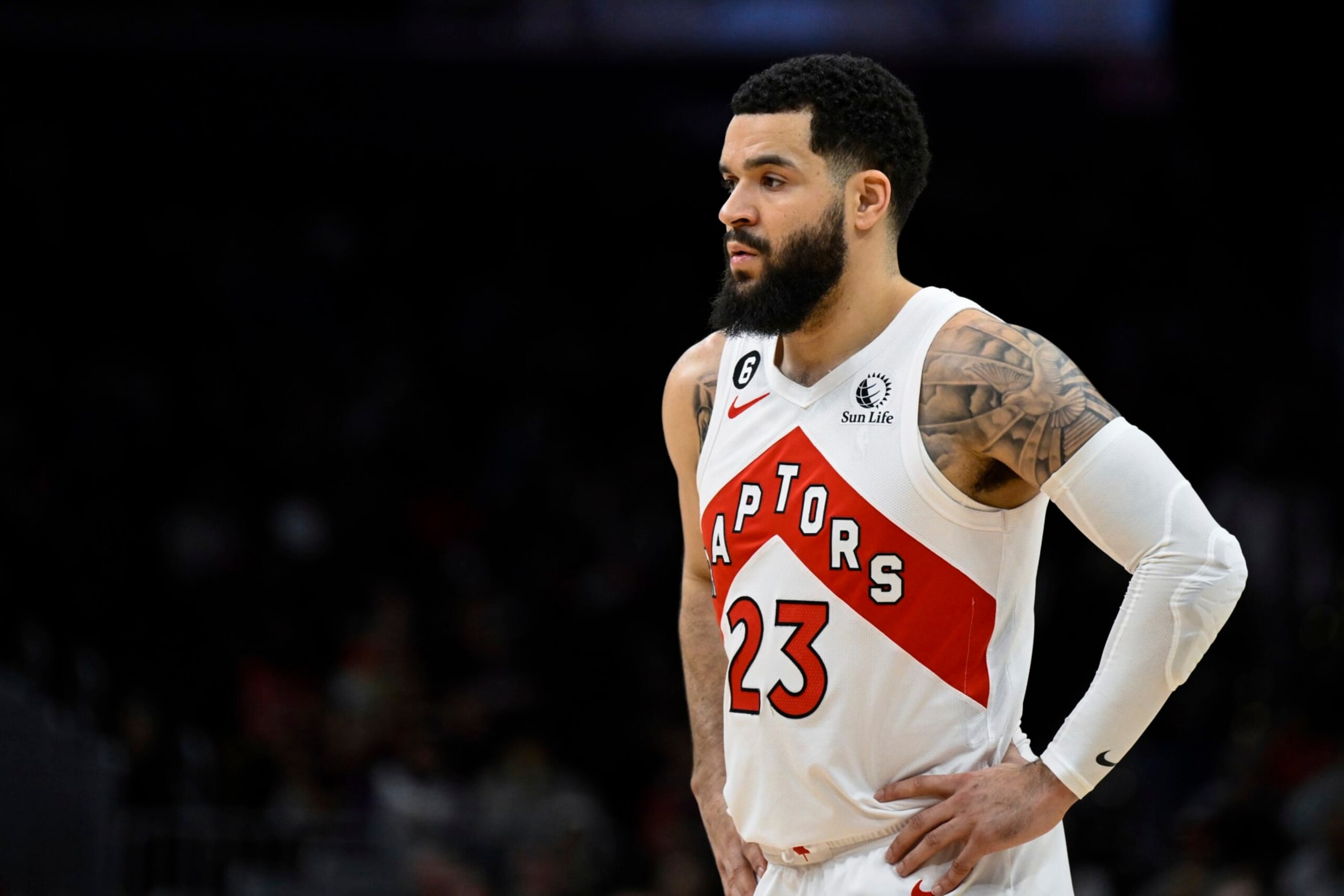 Toronto Raptors guard Fred VanVleet (23) looks on during the first half of an NBA basketball game against the Washington Wizards, Saturday, March. 4, 2023, in Washington. (AP Photo/Terrance Williams)