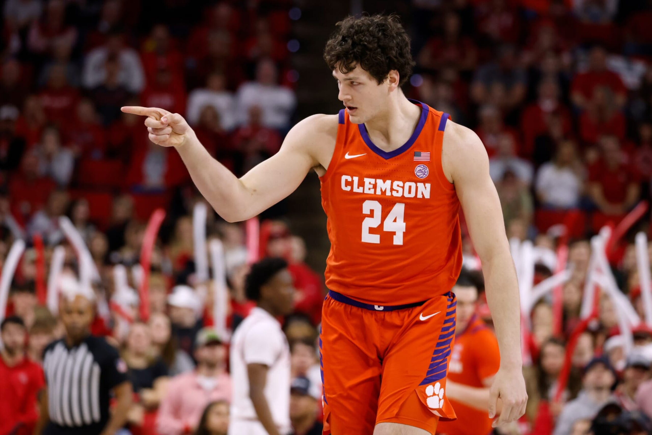 RALEIGH, NC - FEBRUARY 25: PJ Hall #24 of the Clemson Tigers reacts following a three-point basket during the first half of their game against the NC State Wolfpack at PNC Arena on February 25, 2023 in Raleigh, North Carolina. (Photo by Lance King/Getty Images) RALEIGH, NC - FEBRUARY 25: PJ Hall #24 of the Clemson Tigers reacts following a three-point basket during the first half of their game against the NC State Wolfpack at PNC Arena on February 25, 2023 in Raleigh, North Carolina. (Photo by Lance King/Getty Images)