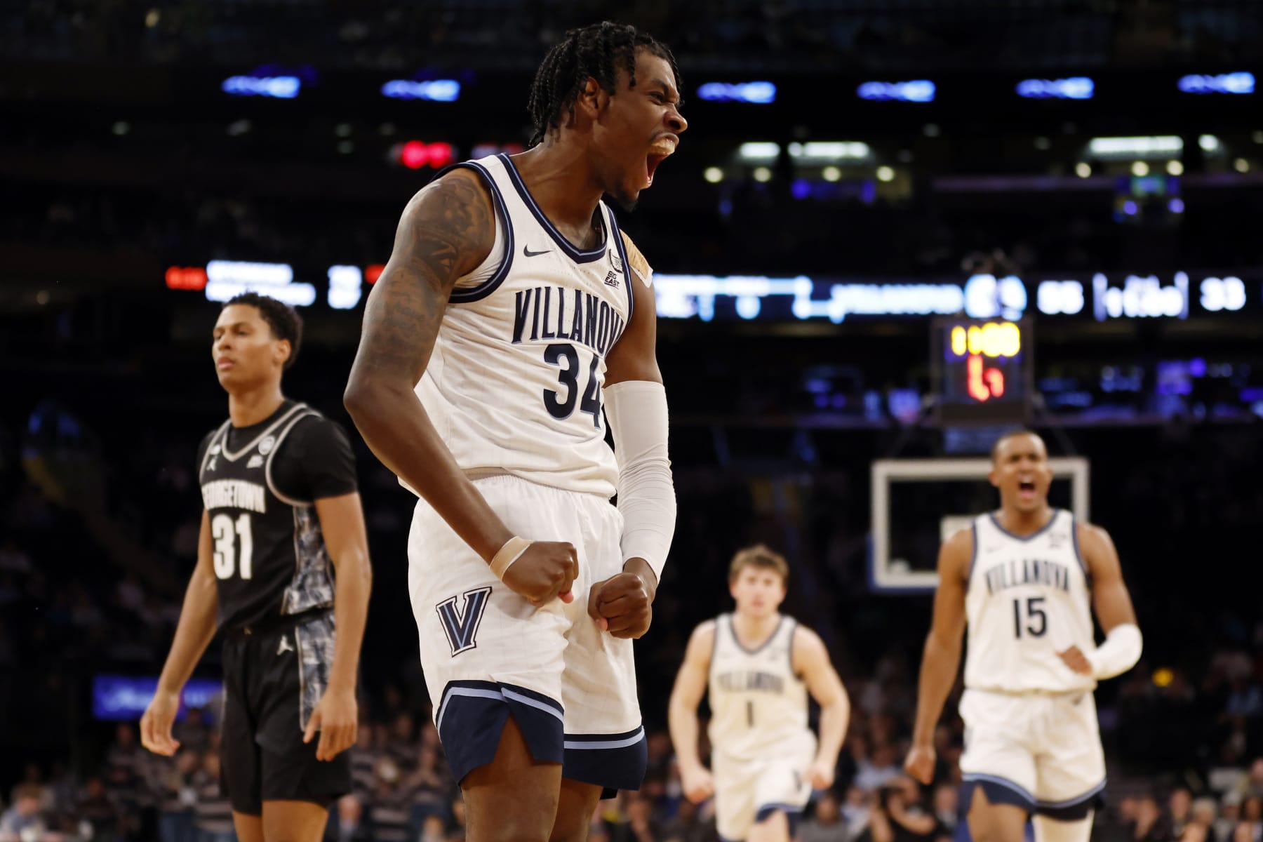 NEW YORK, NEW YORK - MARCH 08: Brandon Slater #34 of the Villanova Wildcats reacts during the second half against the Georgetown Hoyas in the first round of the Big East Basketball Tournament at Madison Square Garden on March 08, 2023 in New York City. The Wildcats won 80-48. (Photo by Sarah Stier/Getty Images)