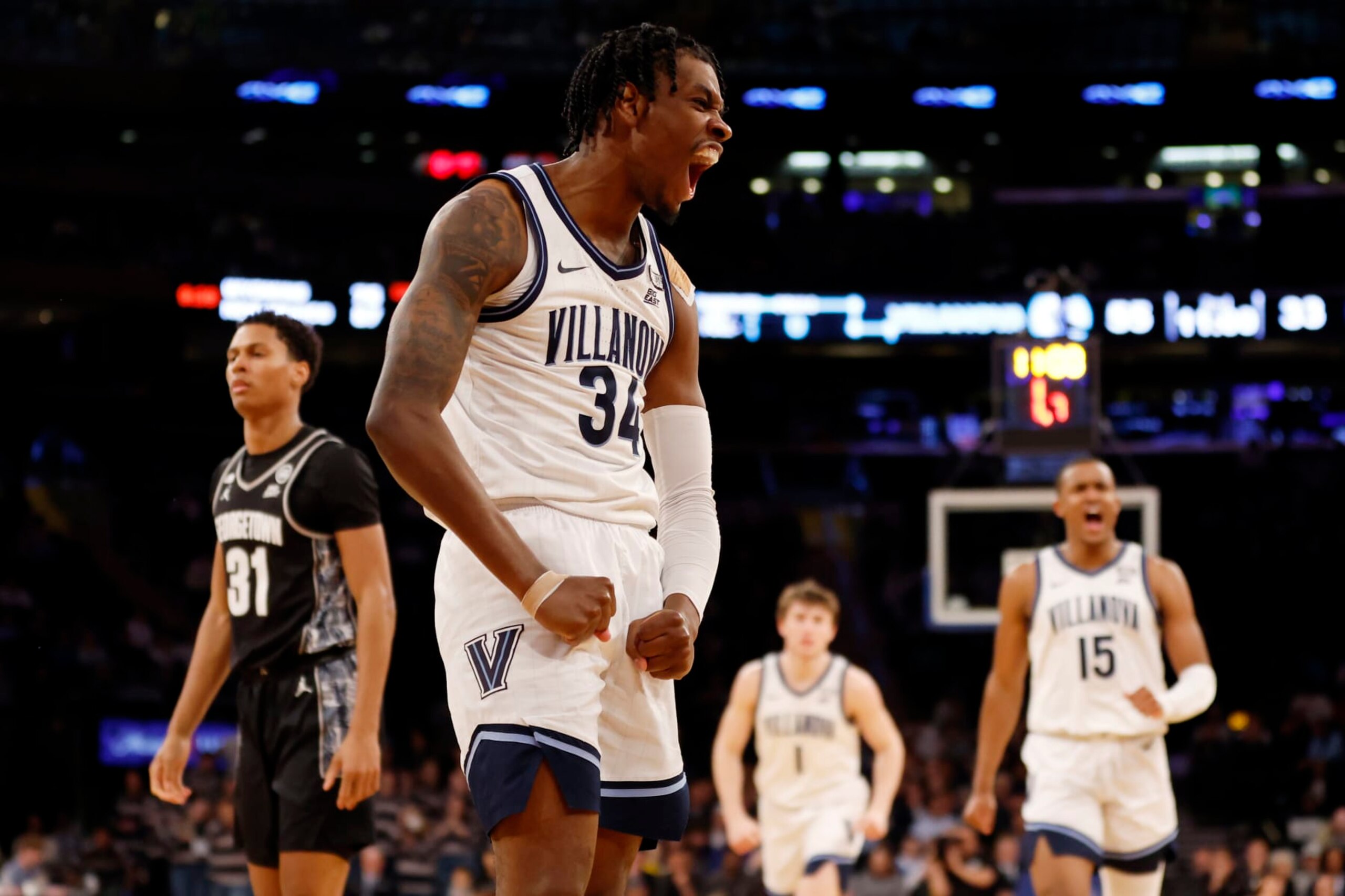 NEW YORK, NEW YORK - MARCH 08: Brandon Slater #34 of the Villanova Wildcats reacts during the second half against the Georgetown Hoyas in the first round of the Big East Basketball Tournament at Madison Square Garden on March 08, 2023 in New York City. The Wildcats won 80-48. (Photo by Sarah Stier/Getty Images) NEW YORK, NEW YORK - MARCH 08: Brandon Slater #34 of the Villanova Wildcats reacts during the second half against the Georgetown Hoyas in the first round of the Big East Basketball Tournament at Madison Square Garden on March 08, 2023 in New York City. The Wildcats won 80-48. (Photo by Sarah Stier/Getty Images)