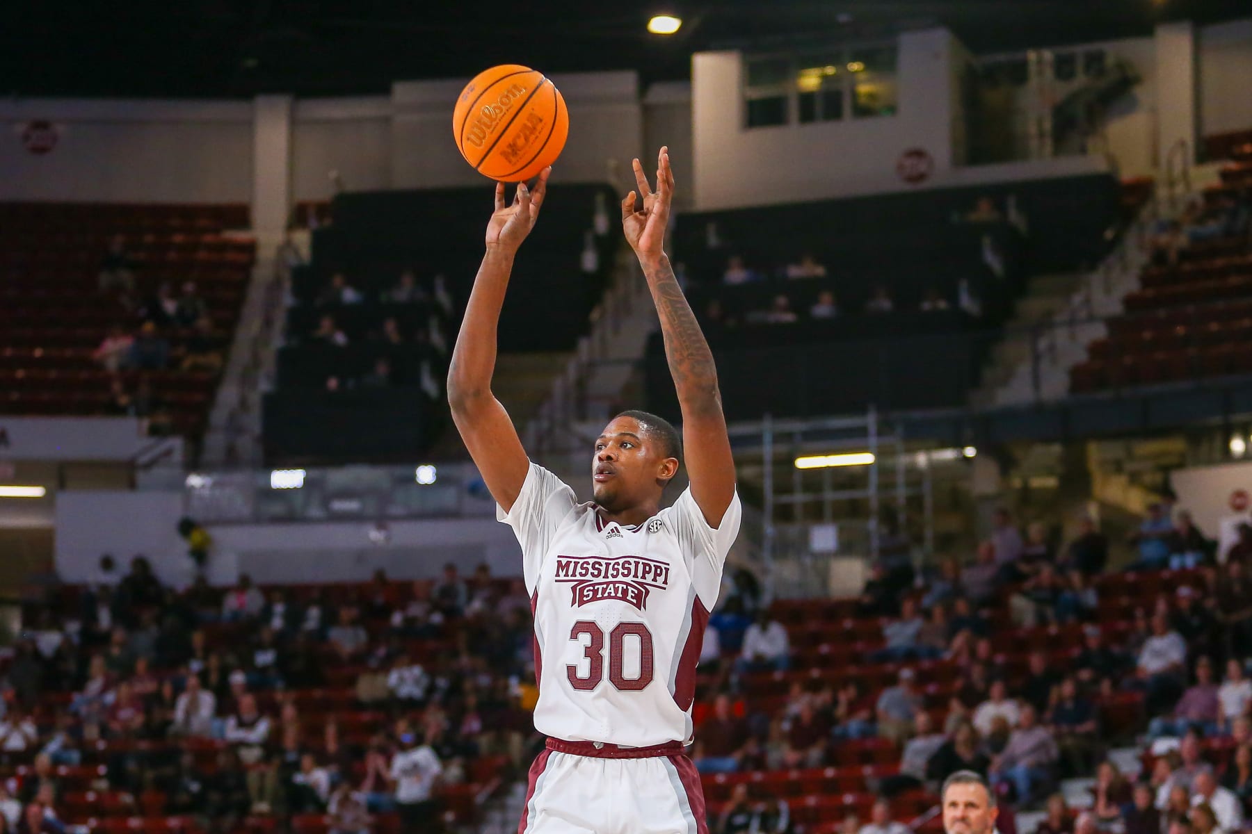 STARKVILLE, MS - FEBRUARY 28: Mississippi State Bulldogs guard Shawn Jones Jr. (30) shoots during the game between the Mississippi State Bulldogs and the South Carolina Gamecocks on February 28, 2023 at Humphrey Coliseum in Starkville, MS. (Photo by Chris McDill/Icon Sportswire via Getty Images)