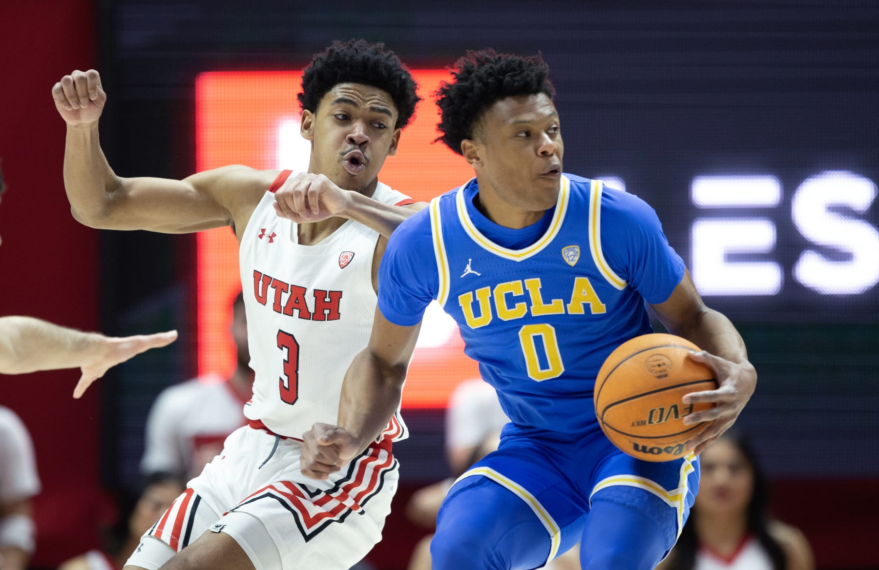 SALT LAKE CITY, UT - FEBRUARY 23:  Jaylen Clark #0 of the UCLA Bruins turns on Bostyn Holt #3 of the Utah Utes during the second half of their game at the Jon M Huntsman Center on February 23, 2023 in Salt Lake City, Utah. (Photo by Chris Gardner/Getty Images)