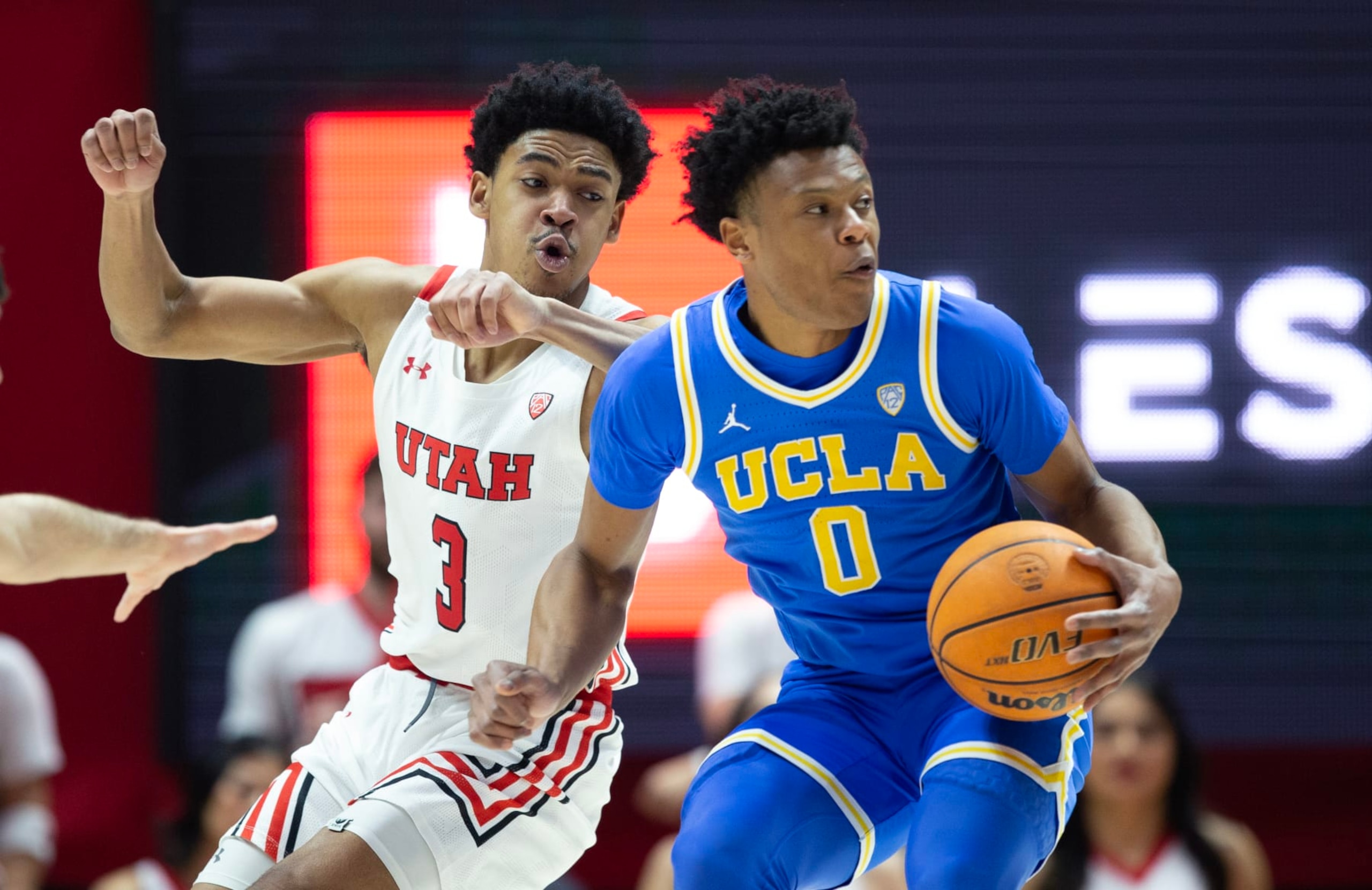 SALT LAKE CITY, UT - FEBRUARY 23:  Jaylen Clark #0 of the UCLA Bruins turns on Bostyn Holt #3 of the Utah Utes during the second half of their game at the Jon M Huntsman Center on February 23, 2023 in Salt Lake City, Utah. (Photo by Chris Gardner/Getty Images)