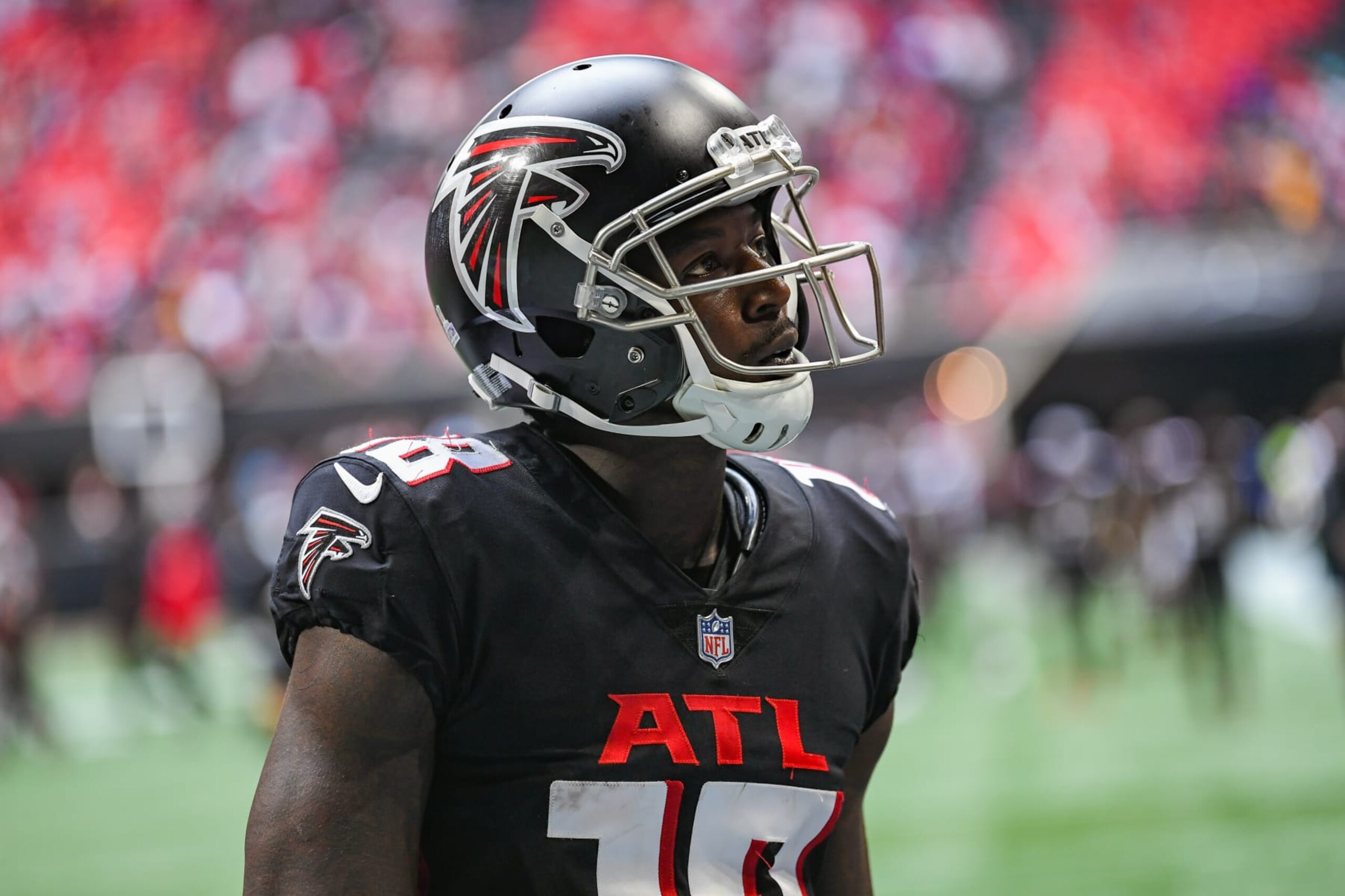 ATLANTA, GA OCTOBER 03: Atlanta wide receiver Calvin Ridley (18) looks into the crowd while walking off the field following the conclusion of the NFL game between the Washington Football Team and the Atlanta Falcons on October 3rd, 2021 at Mercedes-Benz Stadium in Atlanta, GA. (Photo by Rich von Biberstein/Icon Sportswire via Getty Images) ATLANTA, GA OCTOBER 03: Atlanta wide receiver Calvin Ridley (18) looks into the crowd while walking off the field following the conclusion of the NFL game between the Washington Football Team and the Atlanta Falcons on October 3rd, 2021 at Mercedes-Benz Stadium in Atlanta, GA. (Photo by Rich von Biberstein/Icon Sportswire via Getty Images)