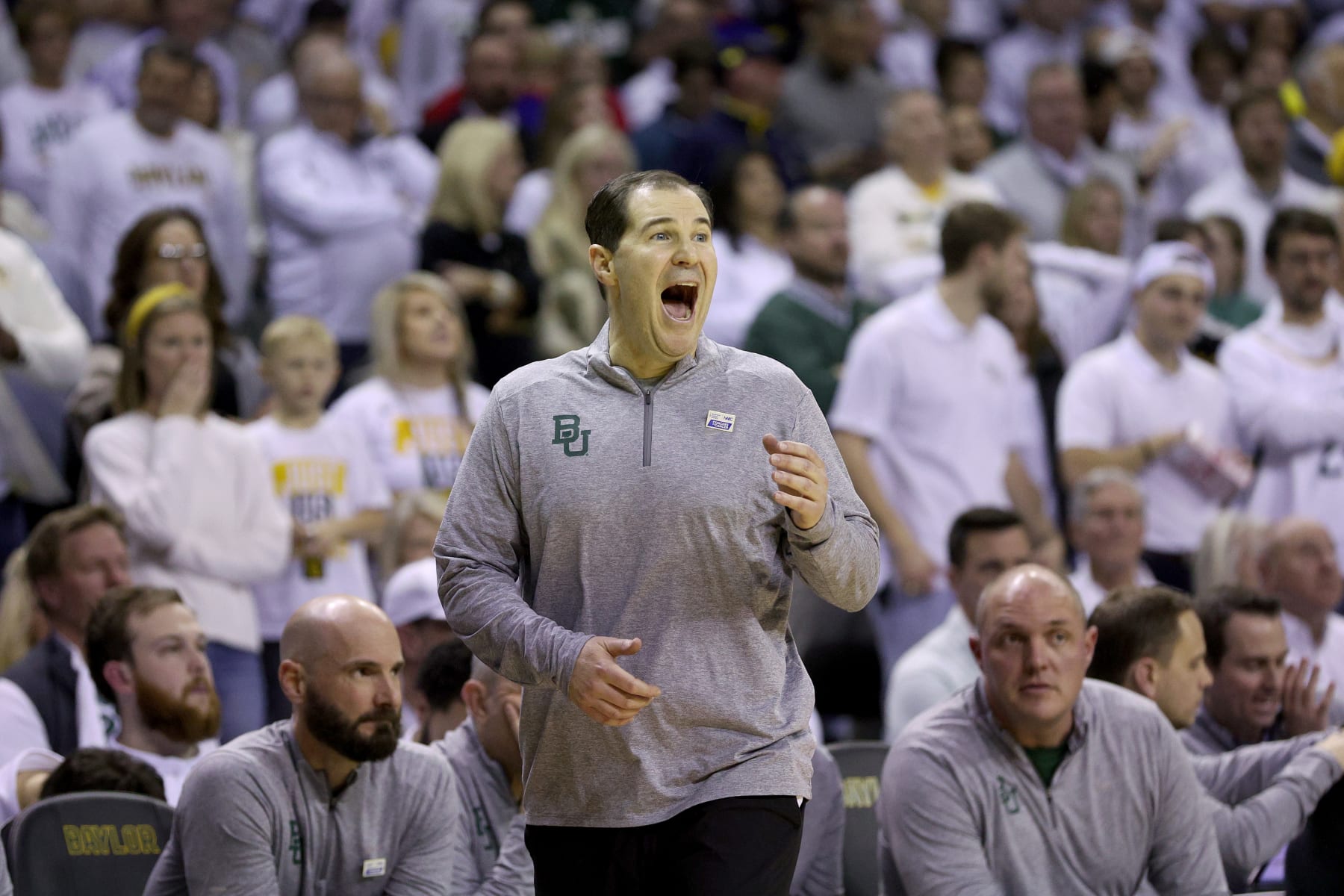 WACO, TEXAS - JANUARY 23:  Head coach Scott Drew of the Baylor Bears leads the Bears against the Kansas Jayhawks in the first half at Ferrell Center on January 23, 2023 in Waco, Texas. (Photo by Tom Pennington/Getty Images)