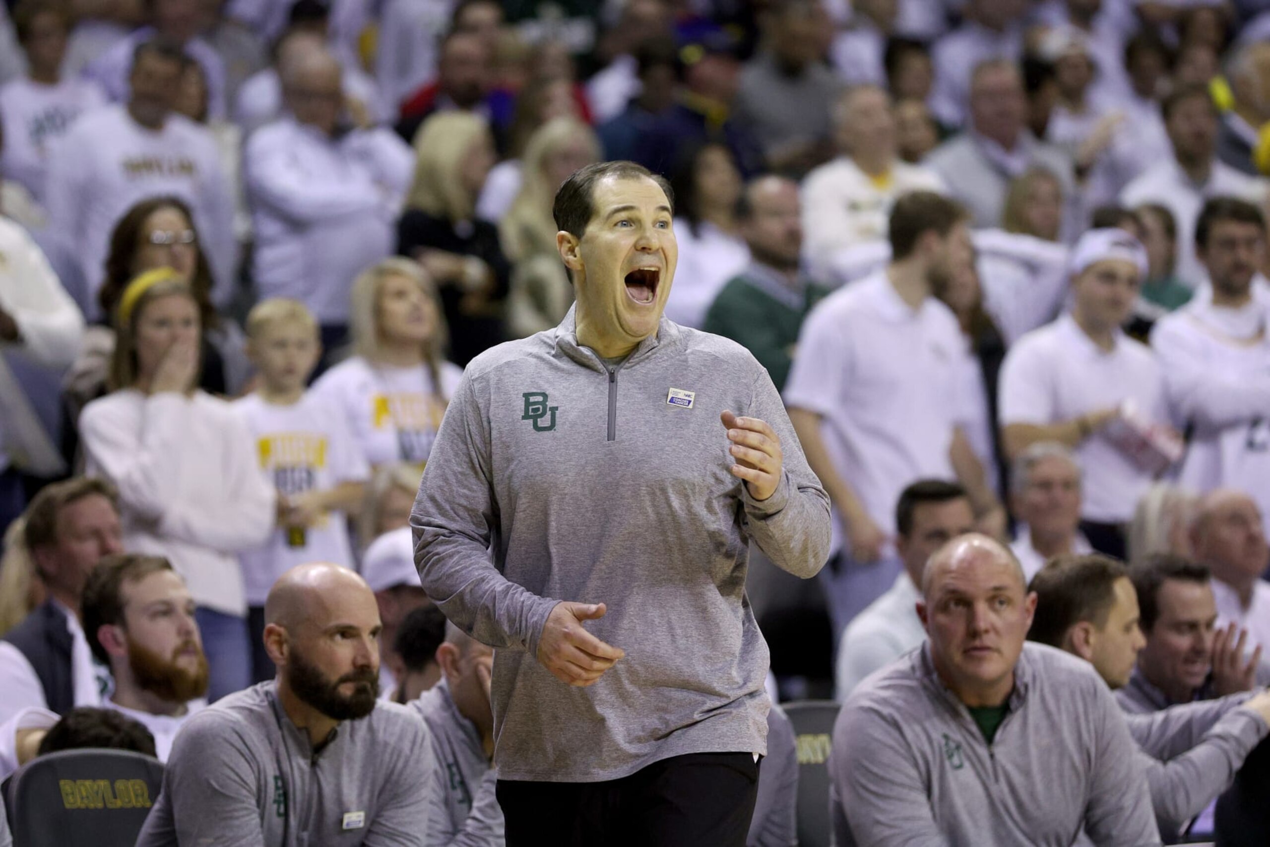 WACO, TEXAS - JANUARY 23:  Head coach Scott Drew of the Baylor Bears leads the Bears against the Kansas Jayhawks in the first half at Ferrell Center on January 23, 2023 in Waco, Texas. (Photo by Tom Pennington/Getty Images)