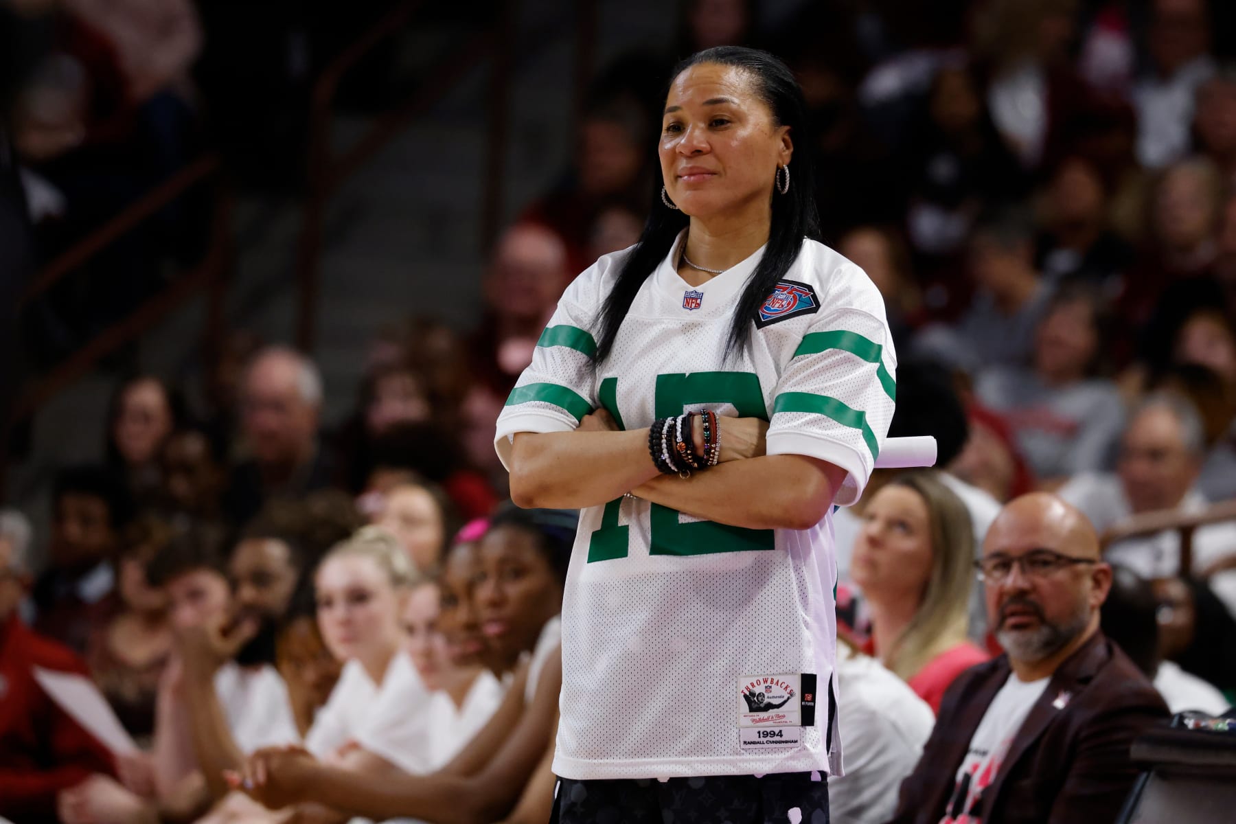 COLUMBIA, SC - FEBRUARY 12: Head coach Dawn Staley of the South Carolina Gamecocks looks on during their game against the LSU Tigers at Colonial Life Arena on February 12, 2023 in Columbia, South Carolina. South Carolina won 88-64. (Photo by Lance King/Getty Images)