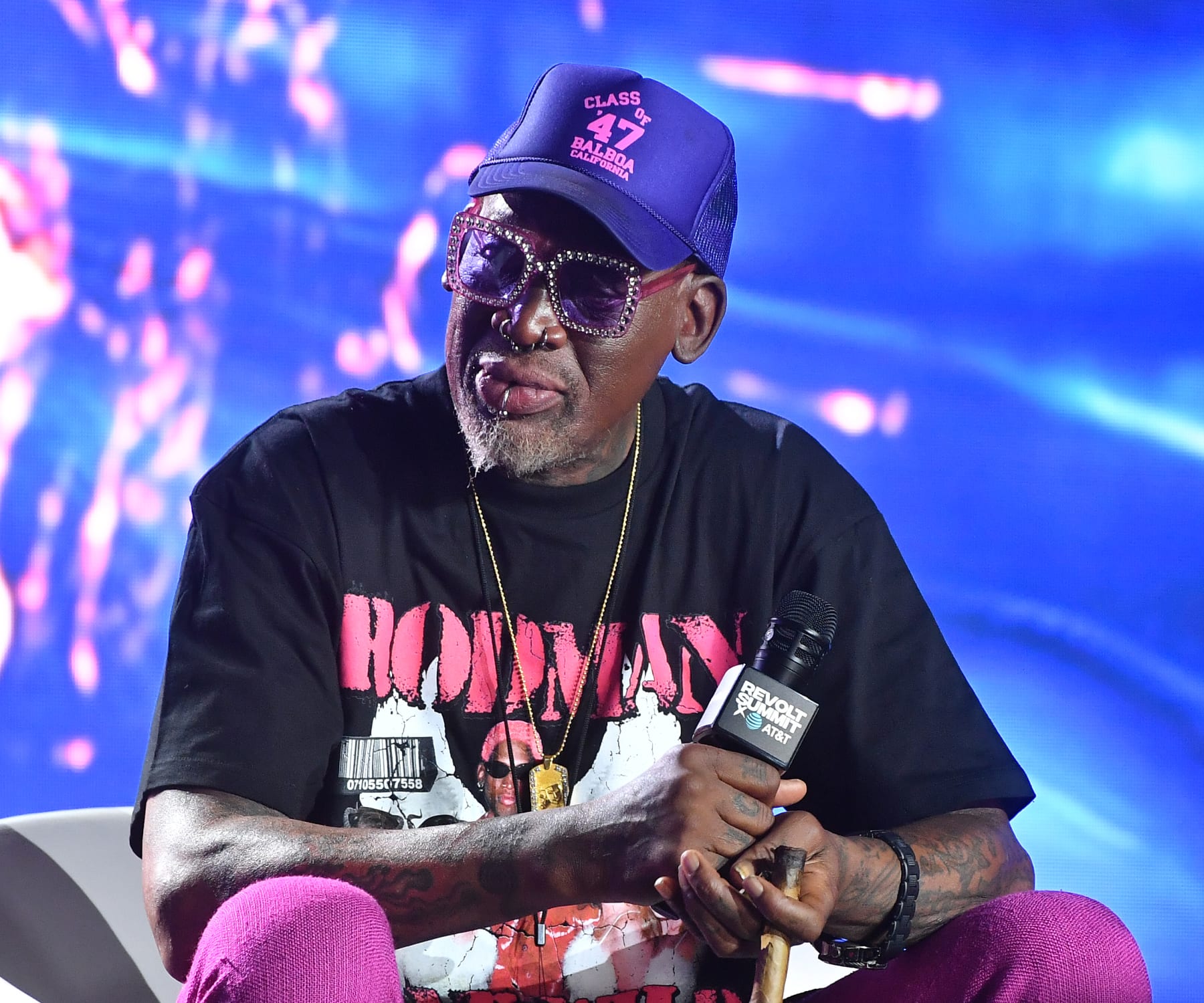 ATLANTA, GEORGIA - SEPTEMBER 24:  Former NBA Basketball player Dennis Rodman speaks onstage during the 2022 Revolt Summit at 787 Windsor on September 24, 2022 in Atlanta, Georgia. (Photo by Paras Griffin/Getty Images)