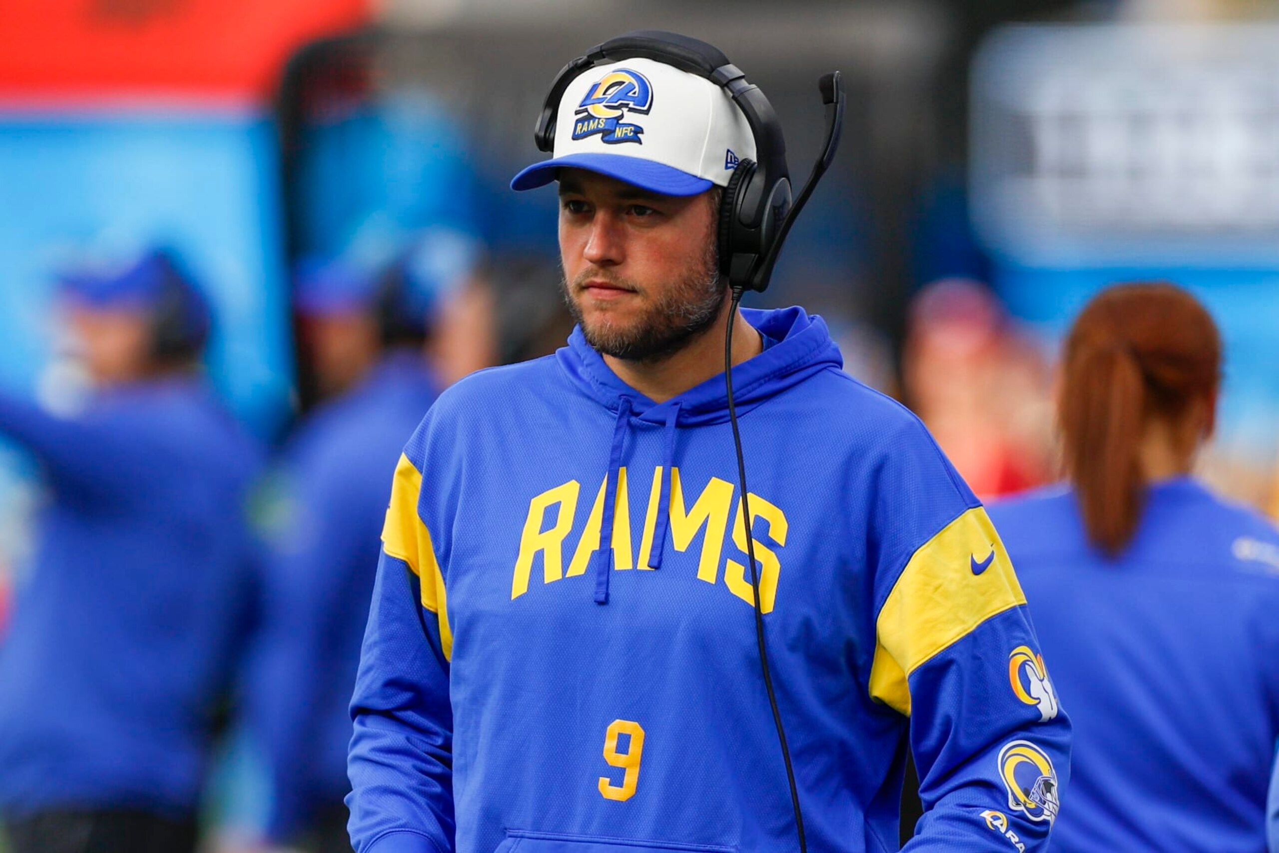 INGLEWOOD, CA - JANUARY 01: Los Angeles Rams quarterback Matthew Stafford (9) watches from the sideline during an NFL regular season game between the Los Angeles Rams and the Los Angeles Chargers on January 01, 2023, at SoFi Stadium in Inglewood, CA. (Photo by Brandon Sloter/Icon Sportswire via Getty Images) INGLEWOOD, CA - JANUARY 01: Los Angeles Rams quarterback Matthew Stafford (9) watches from the sideline during an NFL regular season game between the Los Angeles Rams and the Los Angeles Chargers on January 01, 2023, at SoFi Stadium in Inglewood, CA. (Photo by Brandon Sloter/Icon Sportswire via Getty Images)