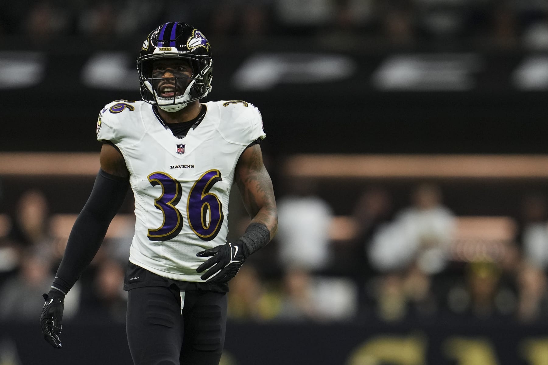 NEW ORLEANS, LA - NOVEMBER 07: Chuck Clark #36 of the Baltimore Ravens defends against the New Orleans Saints at Caesars Superdome on November 7, 2022 in New Orleans, Louisiana. (Photo by Cooper Neill/Getty Images)
