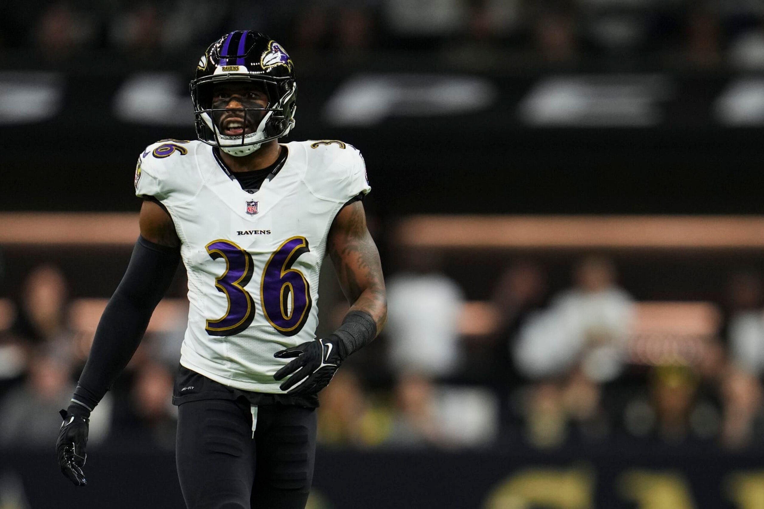 NEW ORLEANS, LA - NOVEMBER 07: Chuck Clark #36 of the Baltimore Ravens defends against the New Orleans Saints at Caesars Superdome on November 7, 2022 in New Orleans, Louisiana. (Photo by Cooper Neill/Getty Images)
