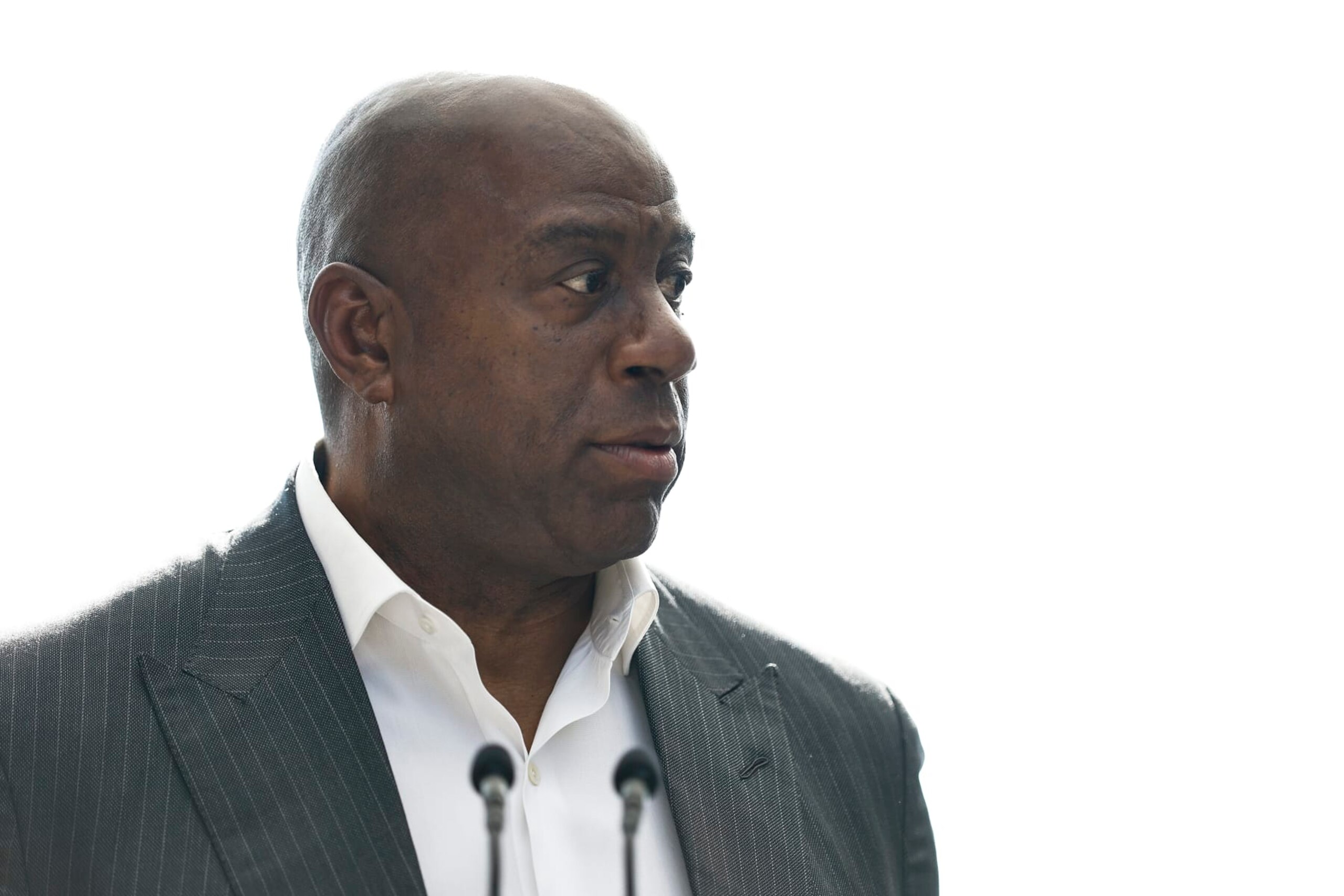 LOS ANGELES, CALIFORNIA - MARCH 03: LAFC Owner Earvin 'Magic' Johnson speaks during a ceremony for the newly renamed BMO Stadium at BMO Stadium on March 03, 2023 in Los Angeles, California. (Photo by Michael Owens/Getty Images)
