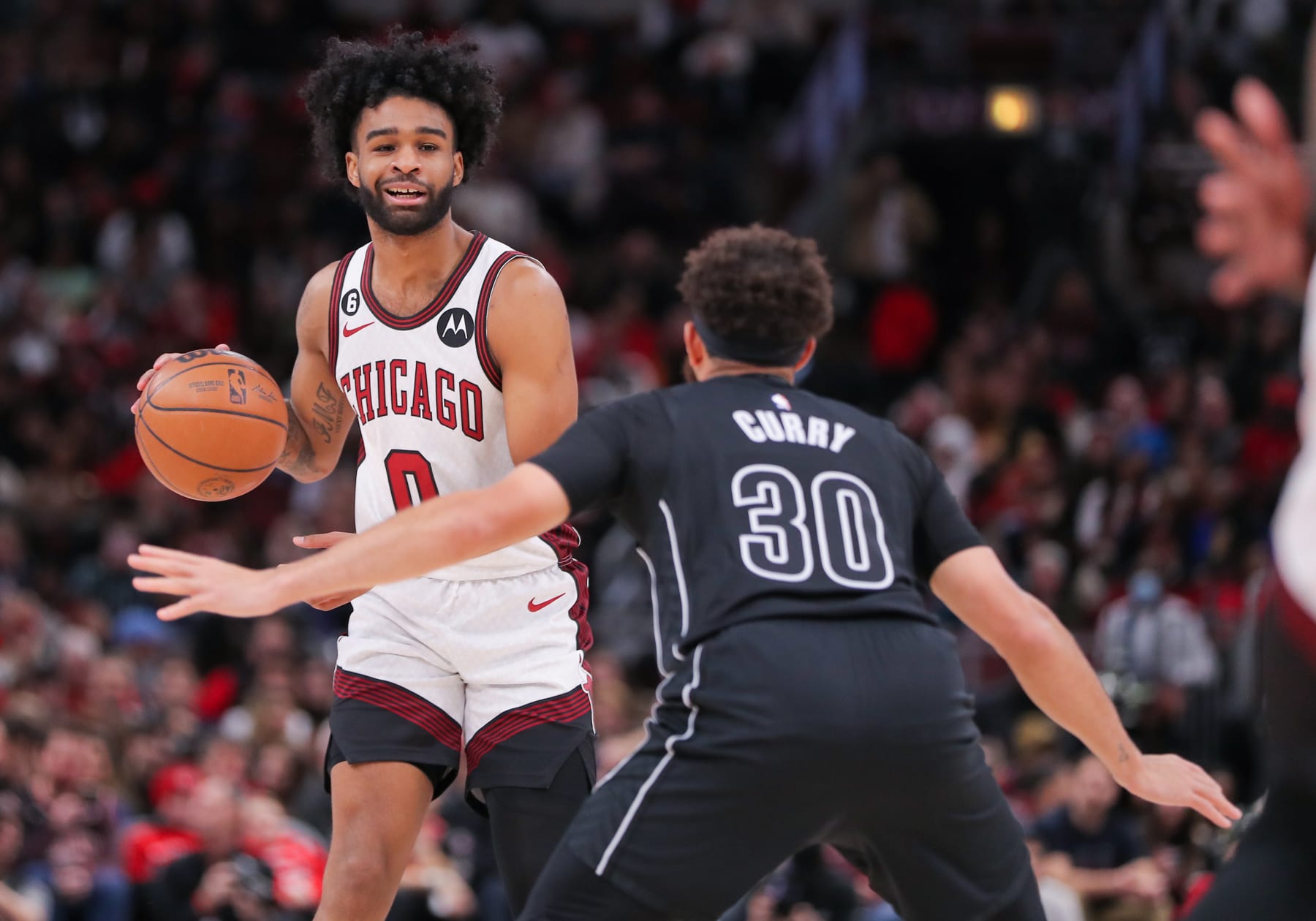 CHICAGO, IL - FEBRUARY 24: Chicago Bulls Guard Coby White (0) looks on during a NBA game between the Brooklyn  Nets and the Chicago Bulls on February 24, 2023 at the United Center in Chicago, IL. (Photo by Melissa Tamez/Icon Sportswire via Getty Images)