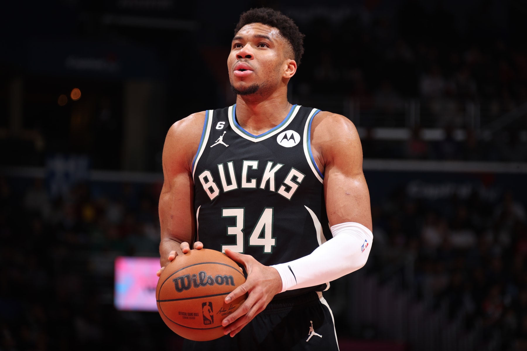 WASHINGTON, DC -  MARCH 5: Giannis Antetokounmpo #34 of the Milwaukee Bucks prepares to shoot a free throw during the game against the Washington Wizards on March 5, 2023 at Capital One Arena in Washington, DC. NOTE TO USER: User expressly acknowledges and agrees that, by downloading and or using this Photograph, user is consenting to the terms and conditions of the Getty Images License Agreement. Mandatory Copyright Notice: Copyright 2023 NBAE (Photo by Stephen Gosling/NBAE via Getty Images)