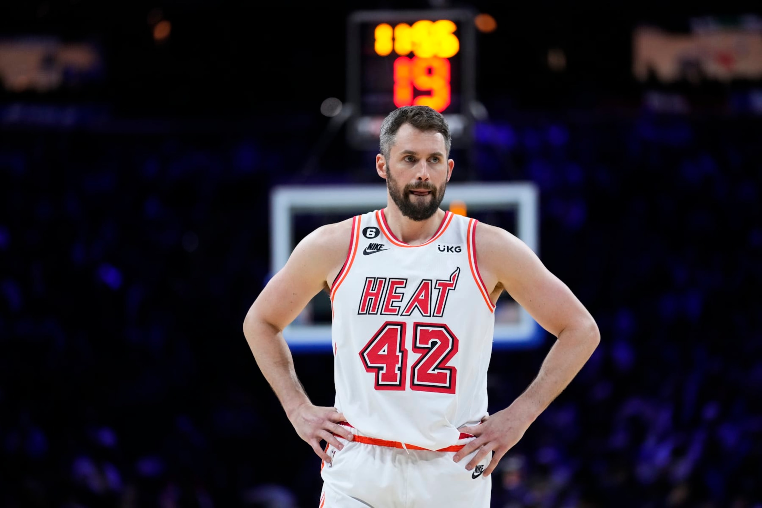 Miami Heat's Kevin Love plays during an NBA basketball game, Monday, Feb. 27, 2023, in Philadelphia. (AP Photo/Matt Slocum)
