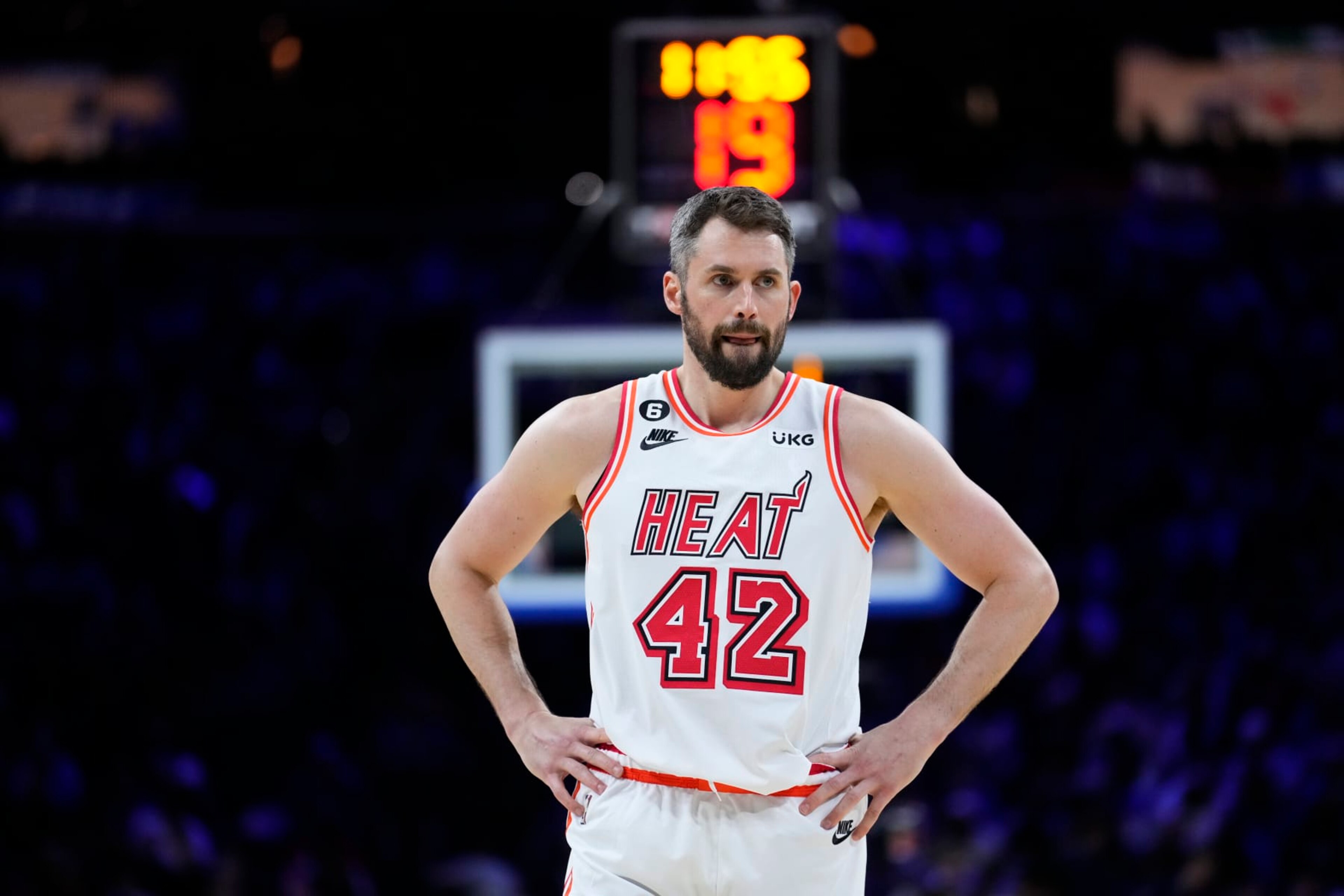 Miami Heat's Kevin Love plays during an NBA basketball game, Monday, Feb. 27, 2023, in Philadelphia. (AP Photo/Matt Slocum)