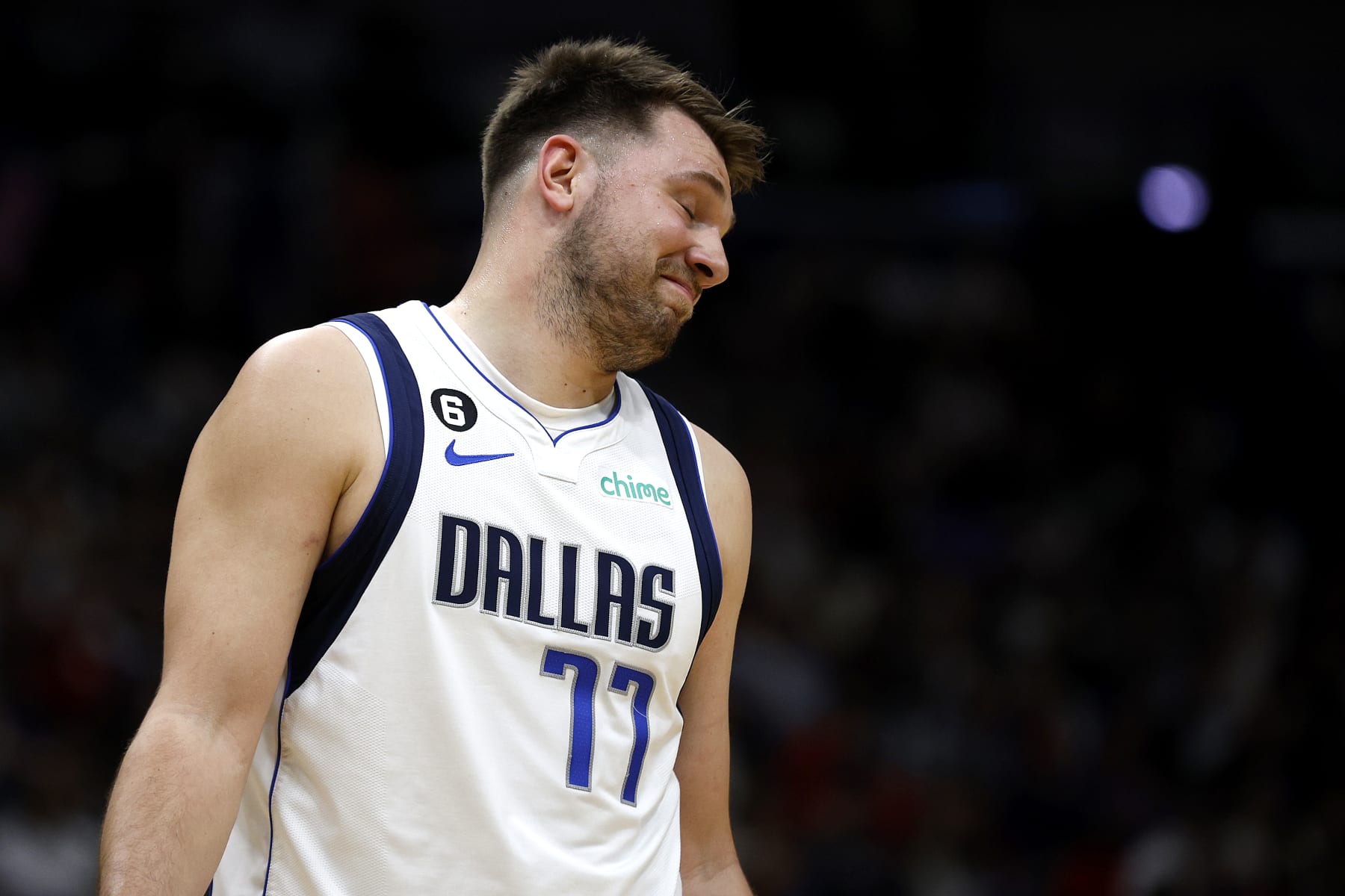 NEW ORLEANS, LOUISIANA - MARCH 08: Luka Doncic #77 of the Dallas Mavericks reacts to a call during the first quarter of an NBA game against the New Orleans Pelicans at Smoothie King Center on March 08, 2023 in New Orleans, Louisiana. NOTE TO USER: User expressly acknowledges and agrees that, by downloading and or using this photograph, User is consenting to the terms and conditions of the Getty Images License Agreement. (Photo by Sean Gardner/Getty Images)