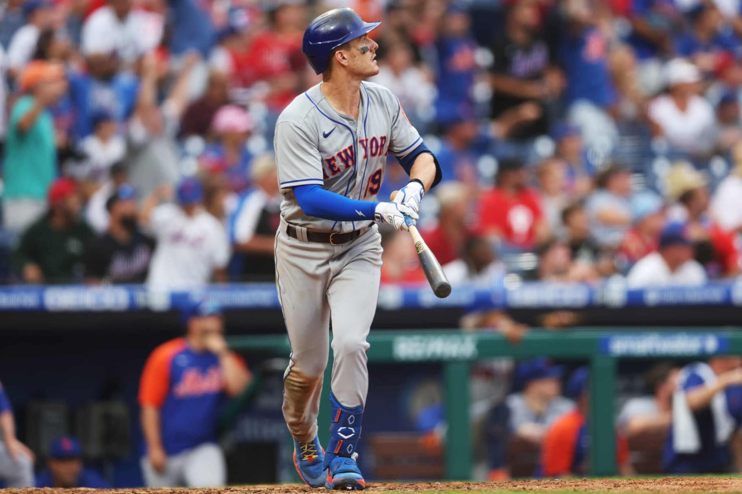 PHILADELPHIA, PA - AUGUST 21: Mark Canha #19 of the New York Mets hits a home run in the ninth inning during the game between the New York Mets and the Philadelphia Phillies at Citizens Bank Park on Sunday, August 21, 2022 in Philadelphia, Pennsylvania. (Photo by Rob Tringali/MLB Photos via Getty Images)