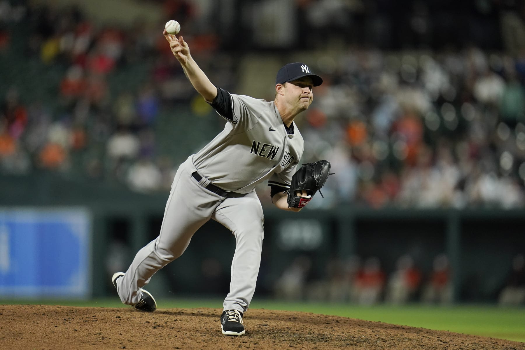 New York Yankees relief pitcher Michael King throws a pitch to the Baltimore Orioles during the sixth inning of a baseball game, Saturday, April 16, 2022, in Baltimore. (AP Photo/Julio Cortez)