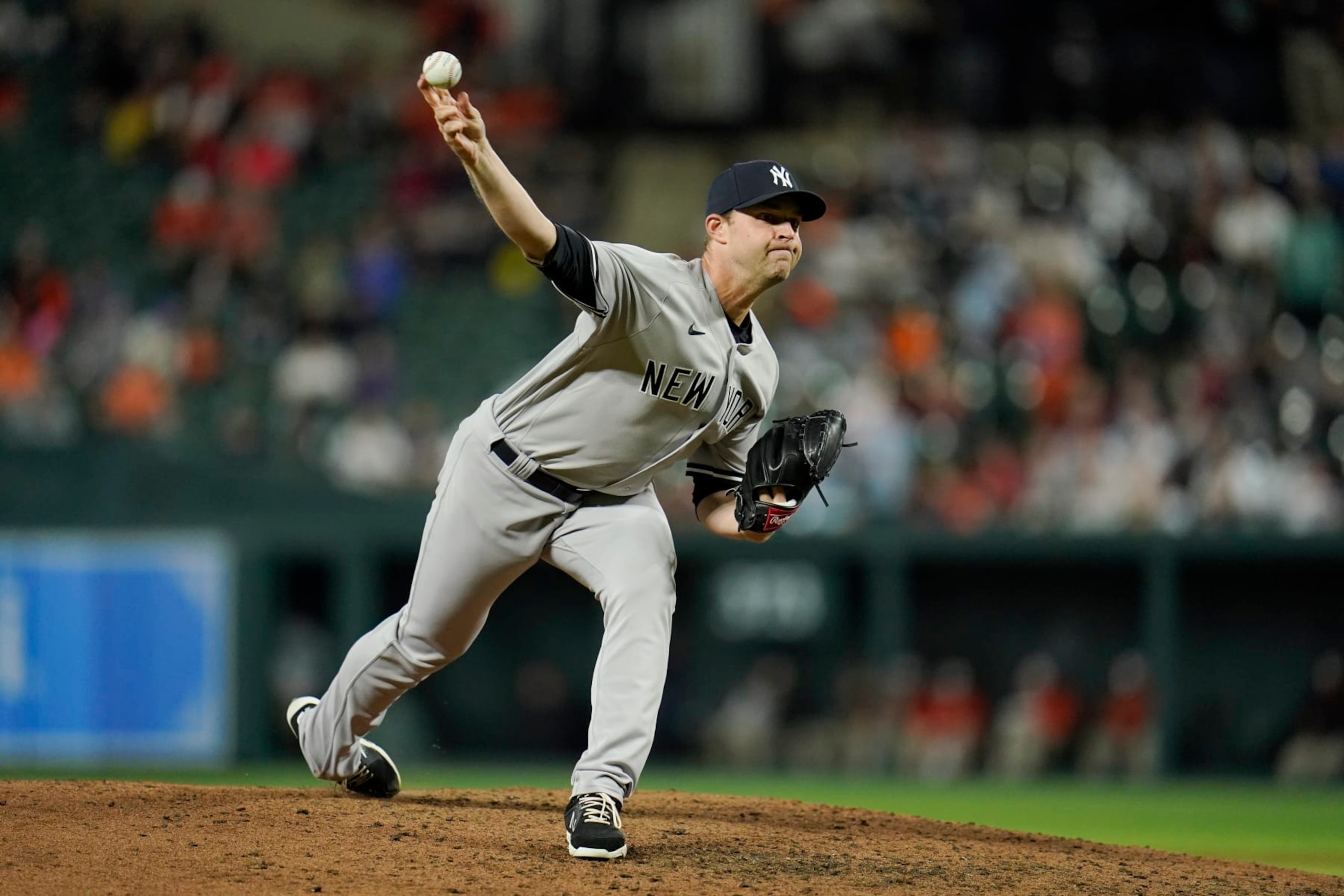 New York Yankees relief pitcher Michael King throws a pitch to the Baltimore Orioles during the sixth inning of a baseball game, Saturday, April 16, 2022, in Baltimore. (AP Photo/Julio Cortez)