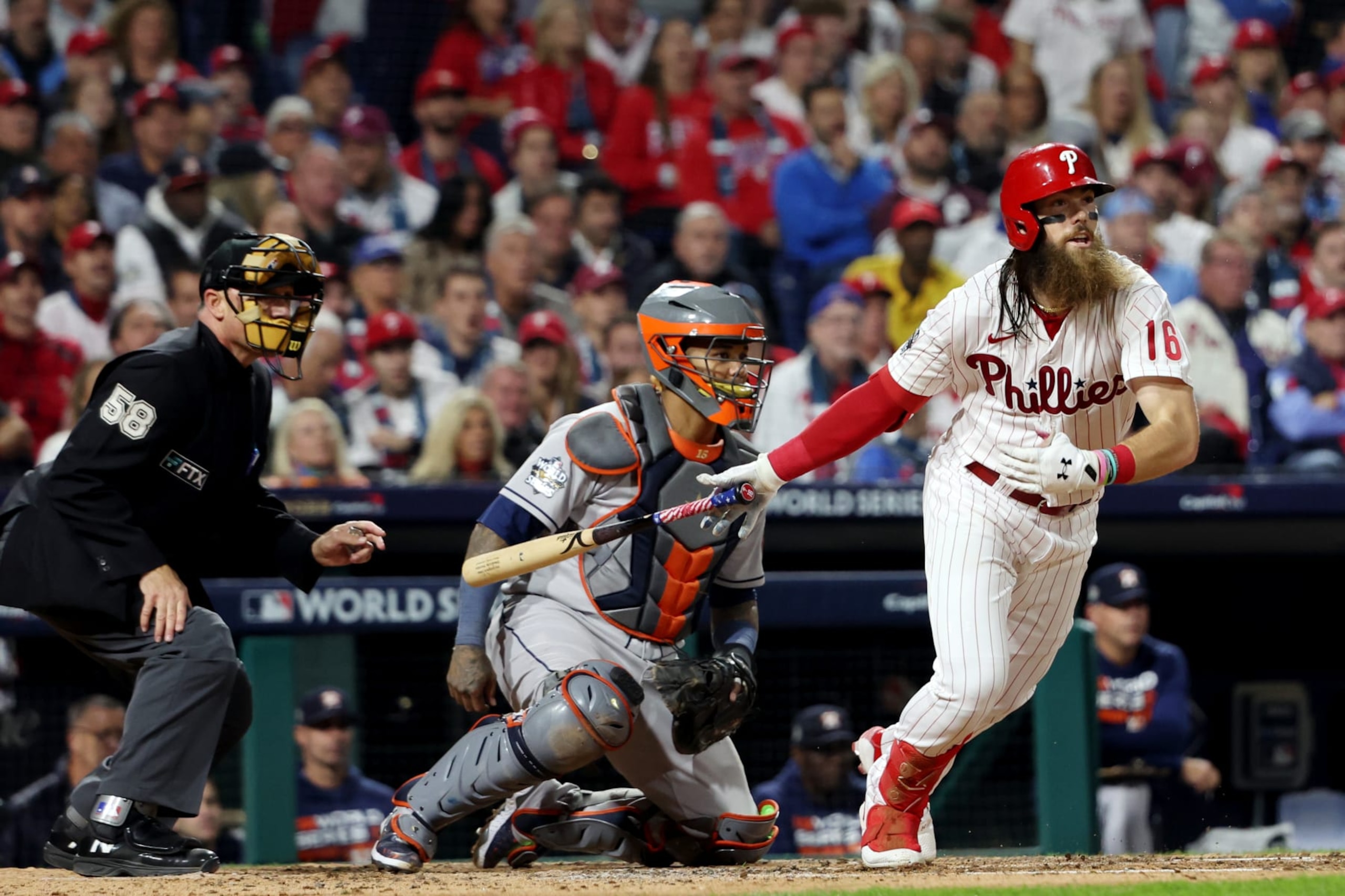 PHILADELPHIA, PA - NOVEMBER 01:  Brandon Marsh #16 of the Philadelphia Phillies singles in the fifth inning during Game 3 of the 2022 World Series between the Houston Astros and the Philadelphia Phillies at Citizens Bank Park on Tuesday, November 1, 2022 in Philadelphia, Pennsylvania. (Photo by Mary DeCicco/MLB Photos via Getty Images)