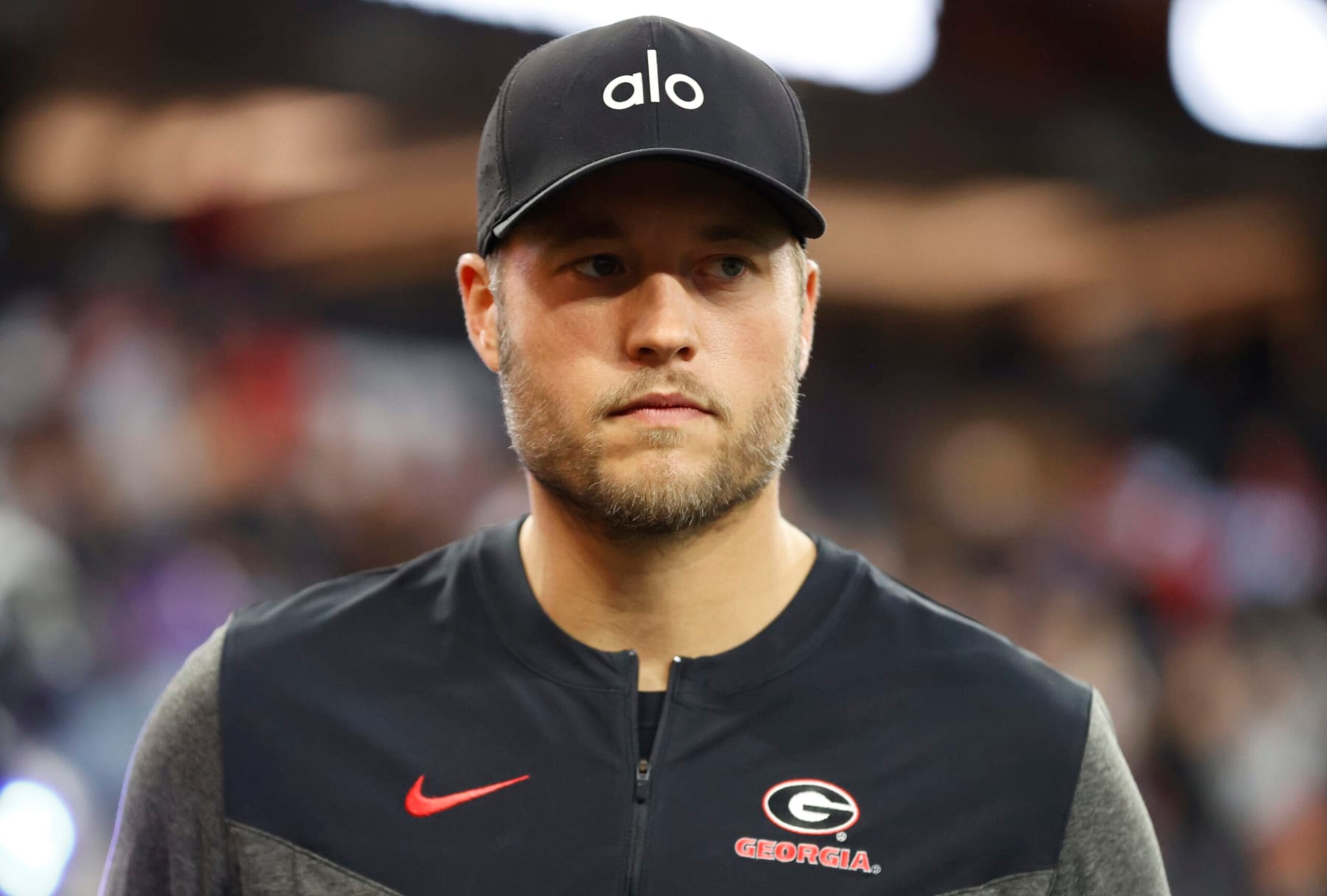 INGLEWOOD, CALIFORNIA - JANUARY 09: Former Georgia Bulldogs quarterback Matthew Stafford looks on before the College Football Playoff National Championship game against the TCU Horned Frogs at SoFi Stadium on January 09, 2023 in Inglewood, California. (Photo by Steph Chambers/Getty Images)