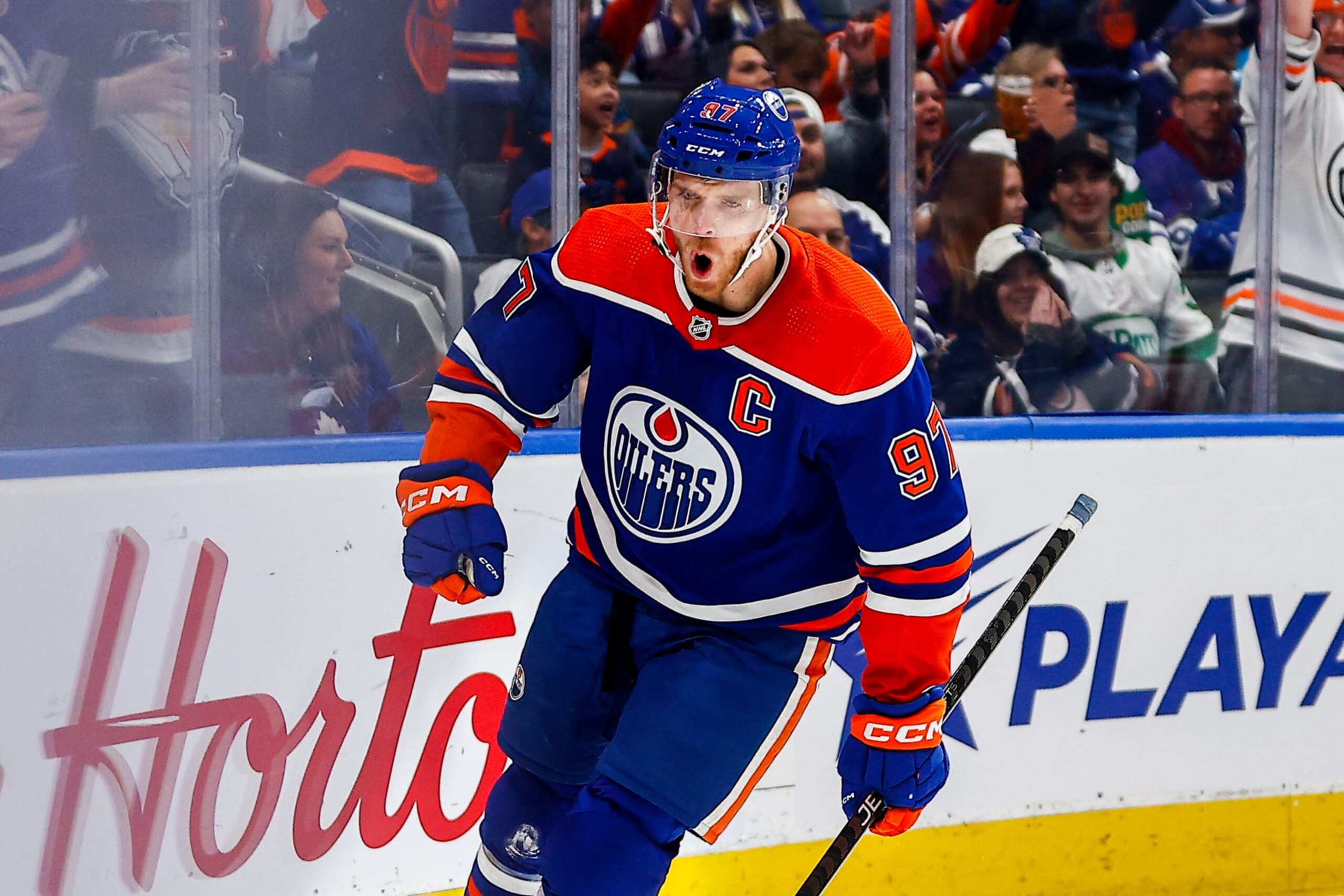 EDMONTON, AB - MARCH 01: Edmonton Oilers Center Connor McDavid (97) celebrates his first goal of the game in the first period of the Edmonton Oilers game versus the Toronto Maple Leads on March 1, 2023 at Rogers Place in Edmonton, AB. (Photo by Curtis Comeau/Icon Sportswire via Getty Images)
