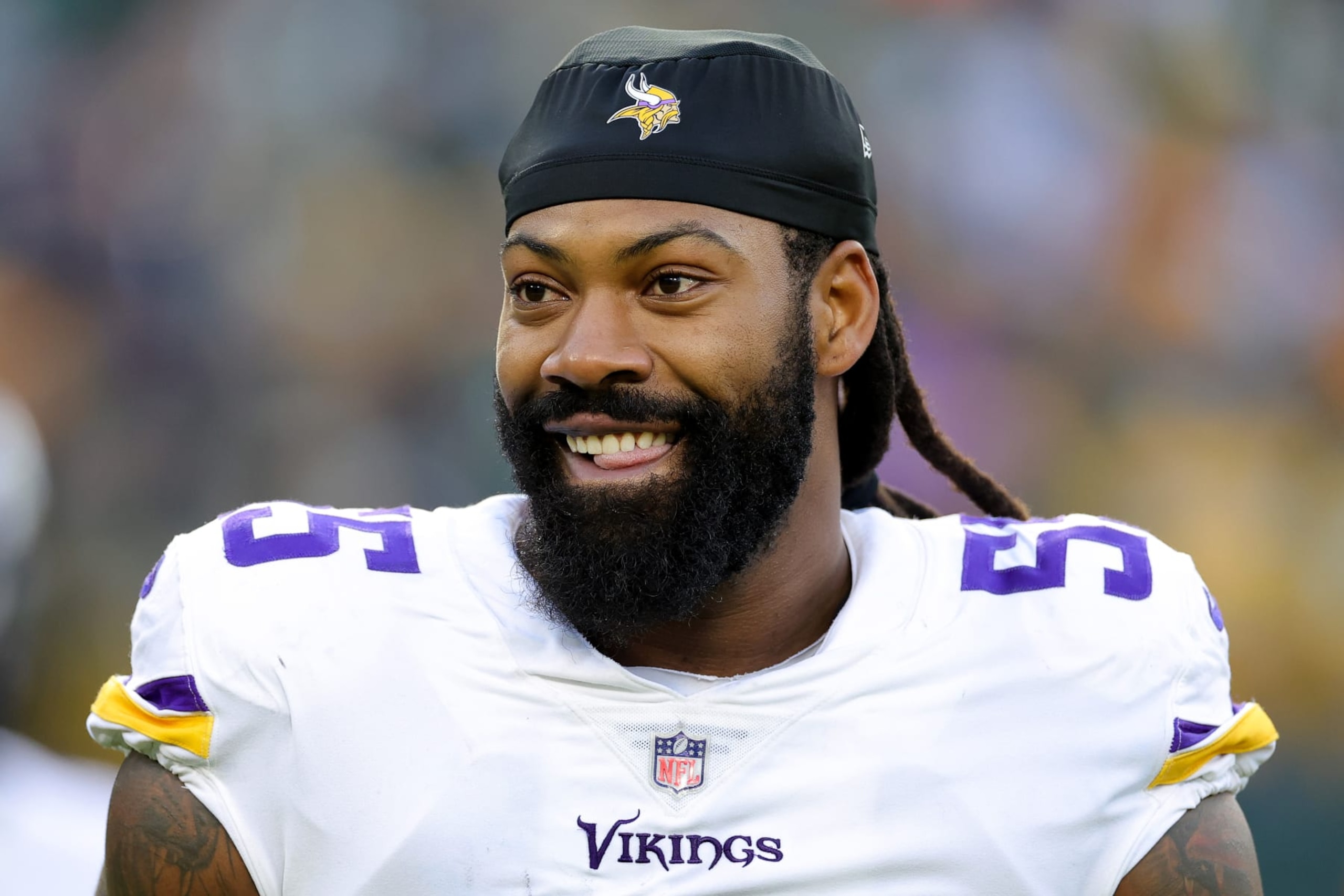 GREEN BAY, WISCONSIN - JANUARY 01: Za'Darius Smith #55 of the Minnesota Vikings looks on before the game against the Green Bay Packers at Lambeau Field on January 01, 2023 in Green Bay, Wisconsin. (Photo by Stacy Revere/Getty Images)