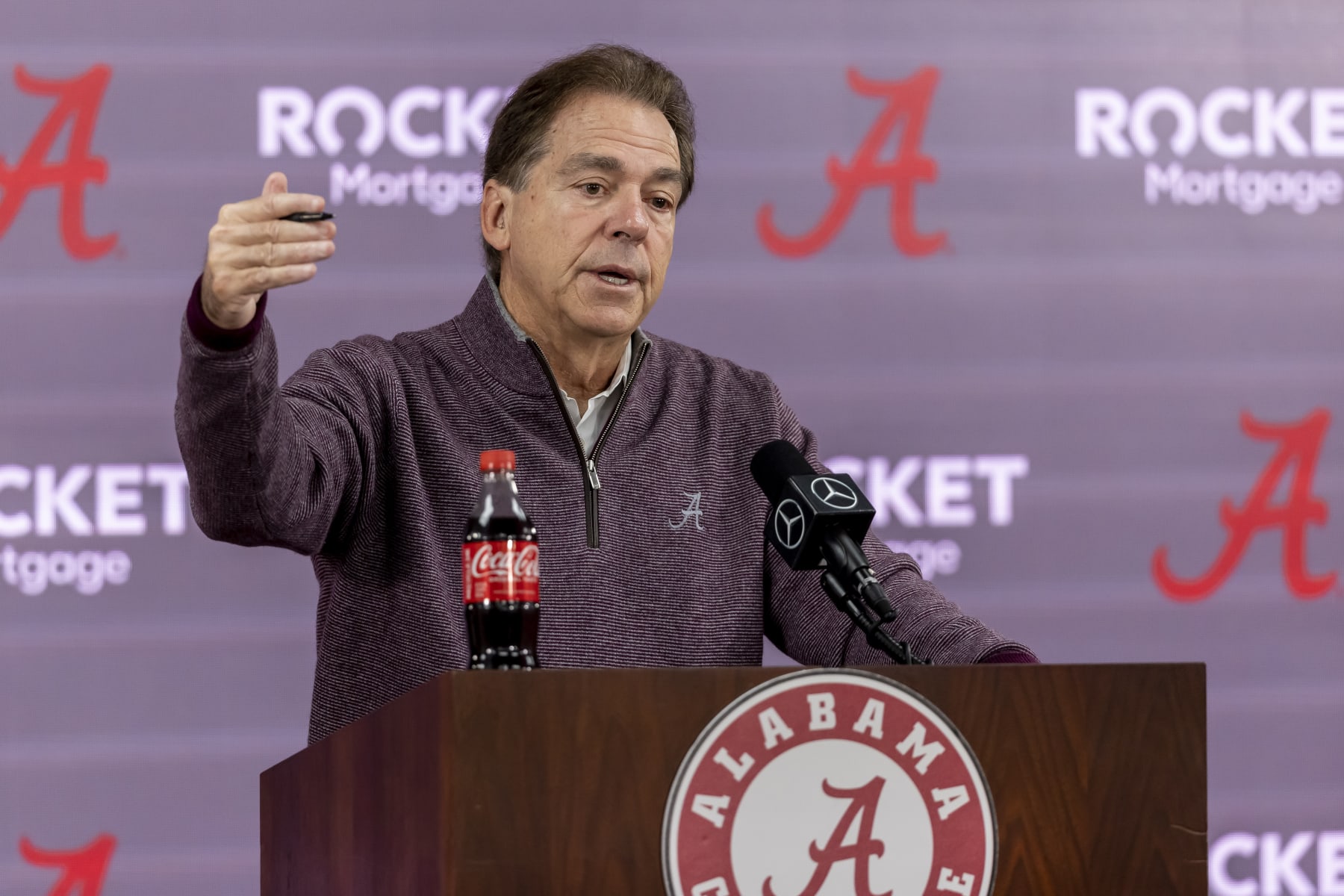 Alabama NCAA college football head coach Nick Saban introduces Alabama juniors declaring for the NFL draft, Monday, Jan. 2, 2023, in Tuscaloosa, Ala. (AP Photo/Vasha Hunt)