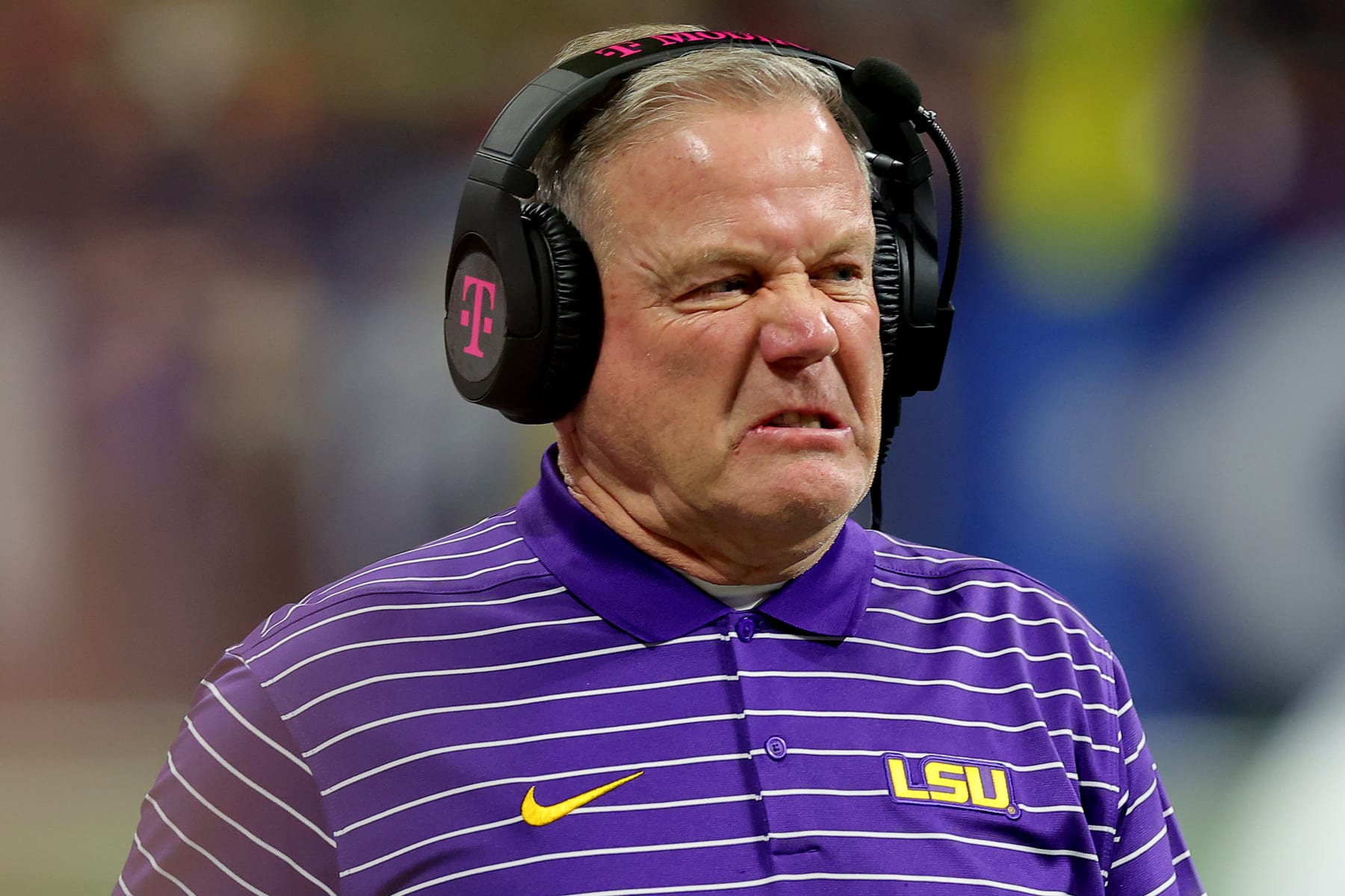 ATLANTA, GEORGIA - DECEMBER 03: Head coach Brian Kelly of the LSU Tigers reacts against the Georgia Bulldogs during the first quarter in the SEC Championship game at Mercedes-Benz Stadium on December 03, 2022 in Atlanta, Georgia. (Photo by Kevin C. Cox/Getty Images)