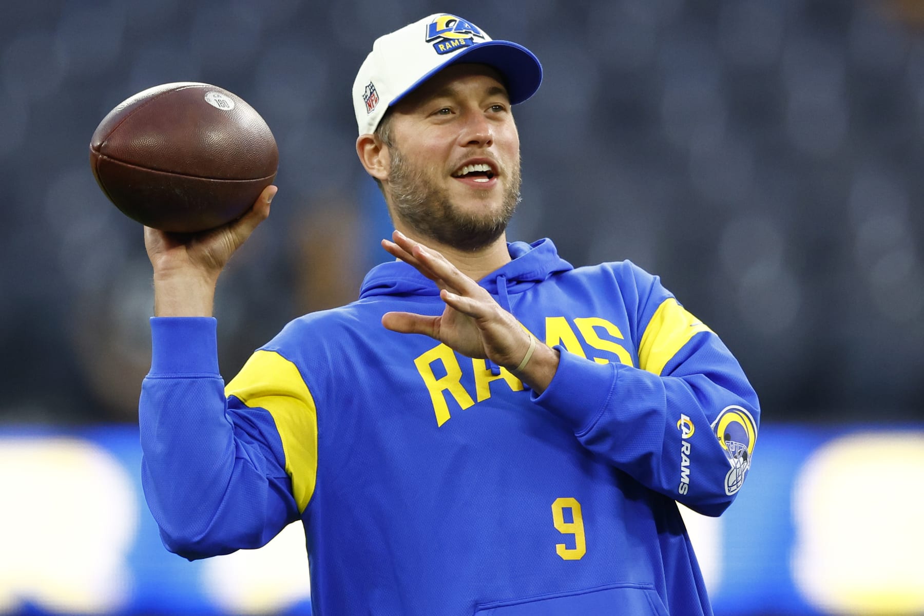 INGLEWOOD, CALIFORNIA - DECEMBER 08: Matthew Stafford #9 of the Los Angeles Rams warms up prior to the game against the Las Vegas Raiders at SoFi Stadium on December 08, 2022 in Inglewood, California. (Photo by Ronald Martinez/Getty Images)