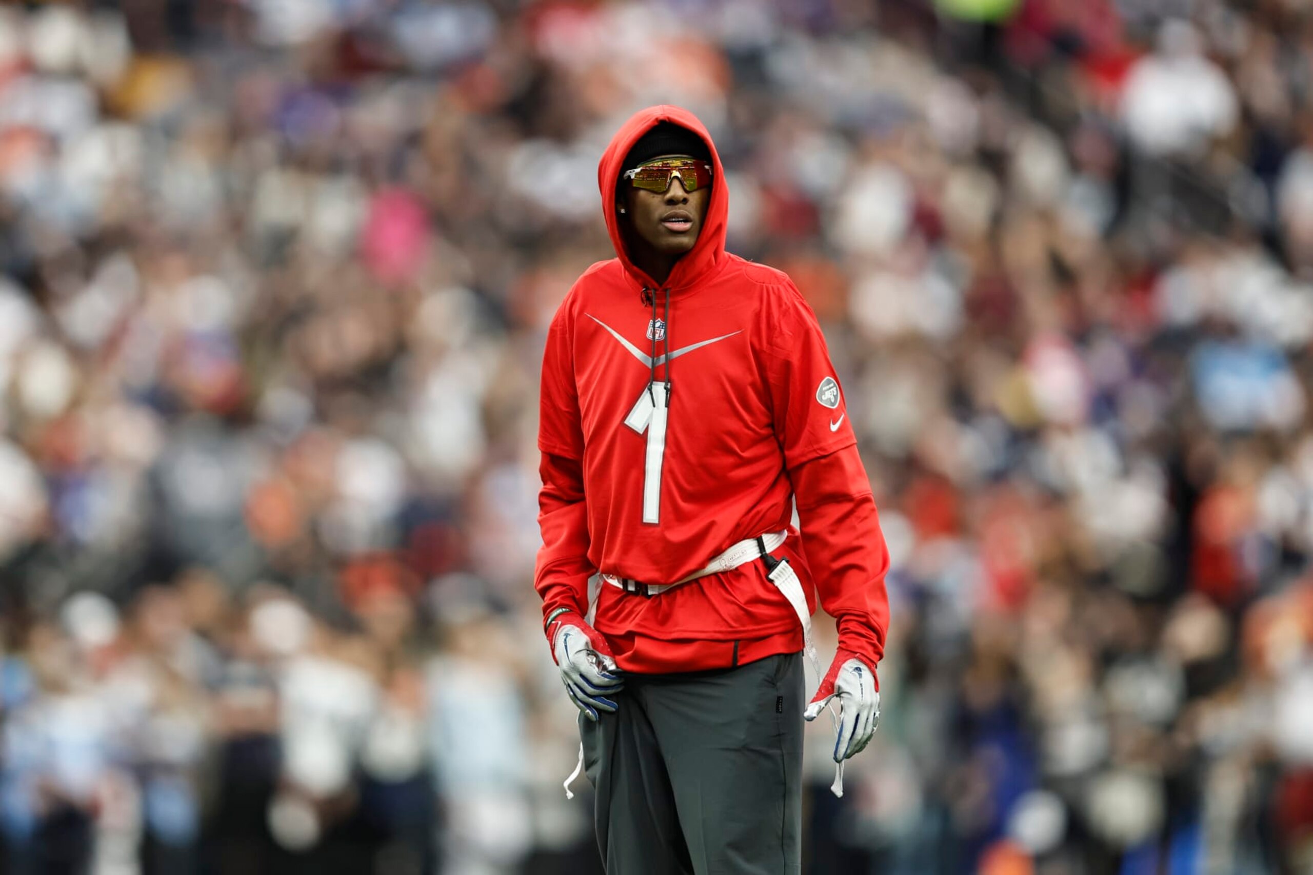 LAS VEGAS, NEVADA - FEBRUARY 05: LAS VEGAS, NEVADA - FEBRUARY 05: AFC cornerback Sauce Gardner #1 of the New York Jets looks on during an NFL Pro Bowl football game at Allegiant Stadium on February 05, 2023 in Las Vegas, Nevada. (Photo by Michael Owens/Getty Images)