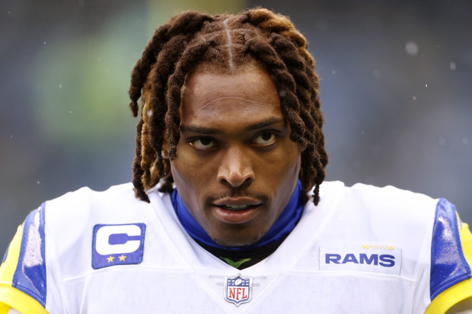 SEATTLE, WASHINGTON - JANUARY 08: Jalen Ramsey #5 of the Los Angeles Rams reacts on the field prior to the game against the Seattle Seahawks at Lumen Field on January 08, 2023 in Seattle, Washington. (Photo by Steph Chambers/Getty Images)