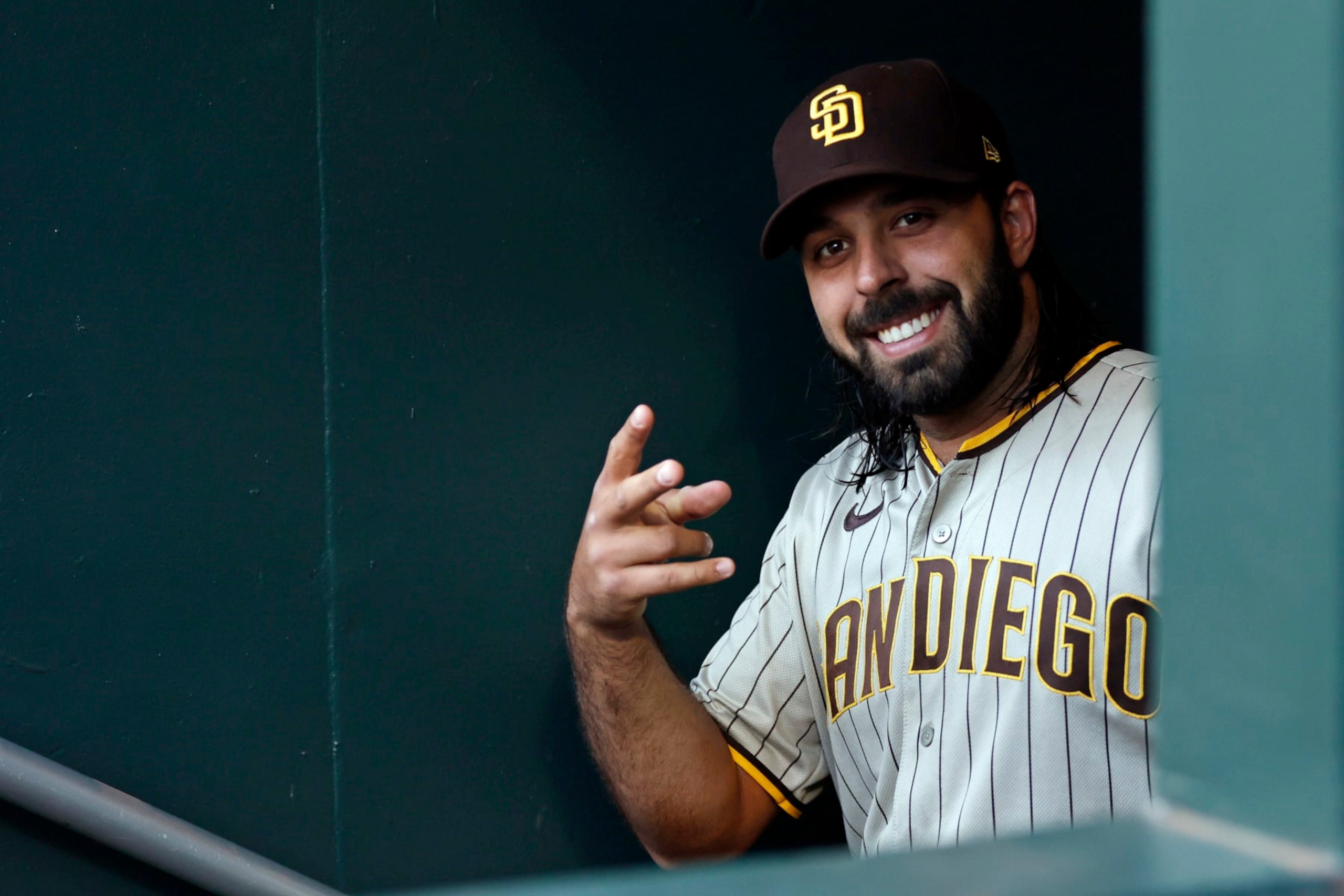 NEW YORK, NY - JULY 24: Nabil Crismatt #74 of the San Diego Padres reacts during the first inning against the New York Mets at Citi Field on July 24, 2022 in New York City. (Photo by Adam Hunger/Getty Images)