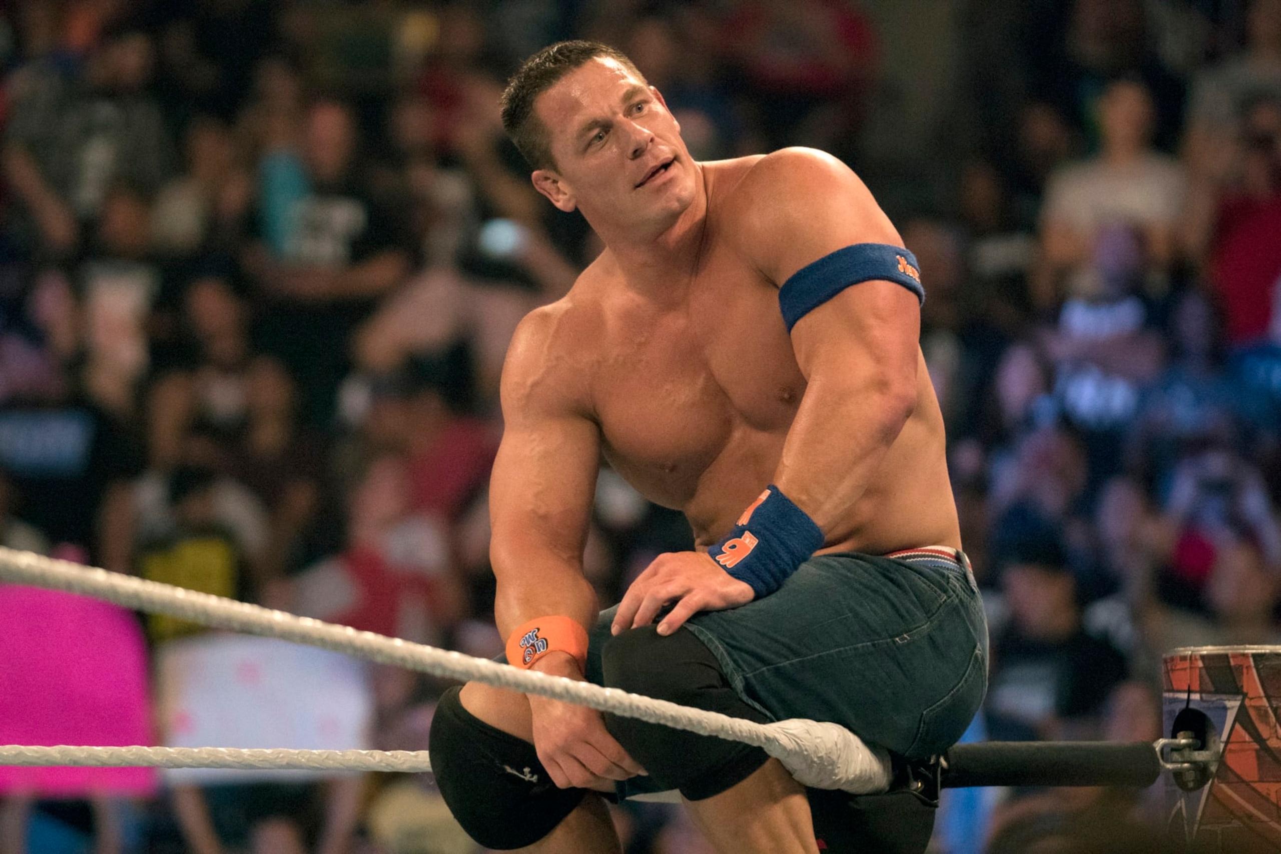Professional Wrestling: WWE SummerSlam: John Cena sitting on ropes during match at Barclays Center. 
Brooklyn, NY 8/20/2017
CREDIT: Chad Matthew Carlson (Photo by Chad Matthew Carlson /Sports Illustrated via Getty Images)
(Set Number: X161332 TK1 )