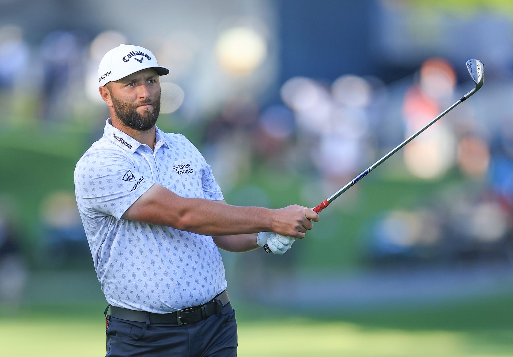 PONTE VEDRA BEACH, FLORIDA - MARCH 09: Jon Rahm of Spain plays his second shot on the 10th hole during the first round of THE PLAYERS Championship on THE PLAYERS Stadium Course at TPC Sawgrass on March 09, 2023 in Ponte Vedra Beach, Florida. (Photo by David Cannon/Getty Images)