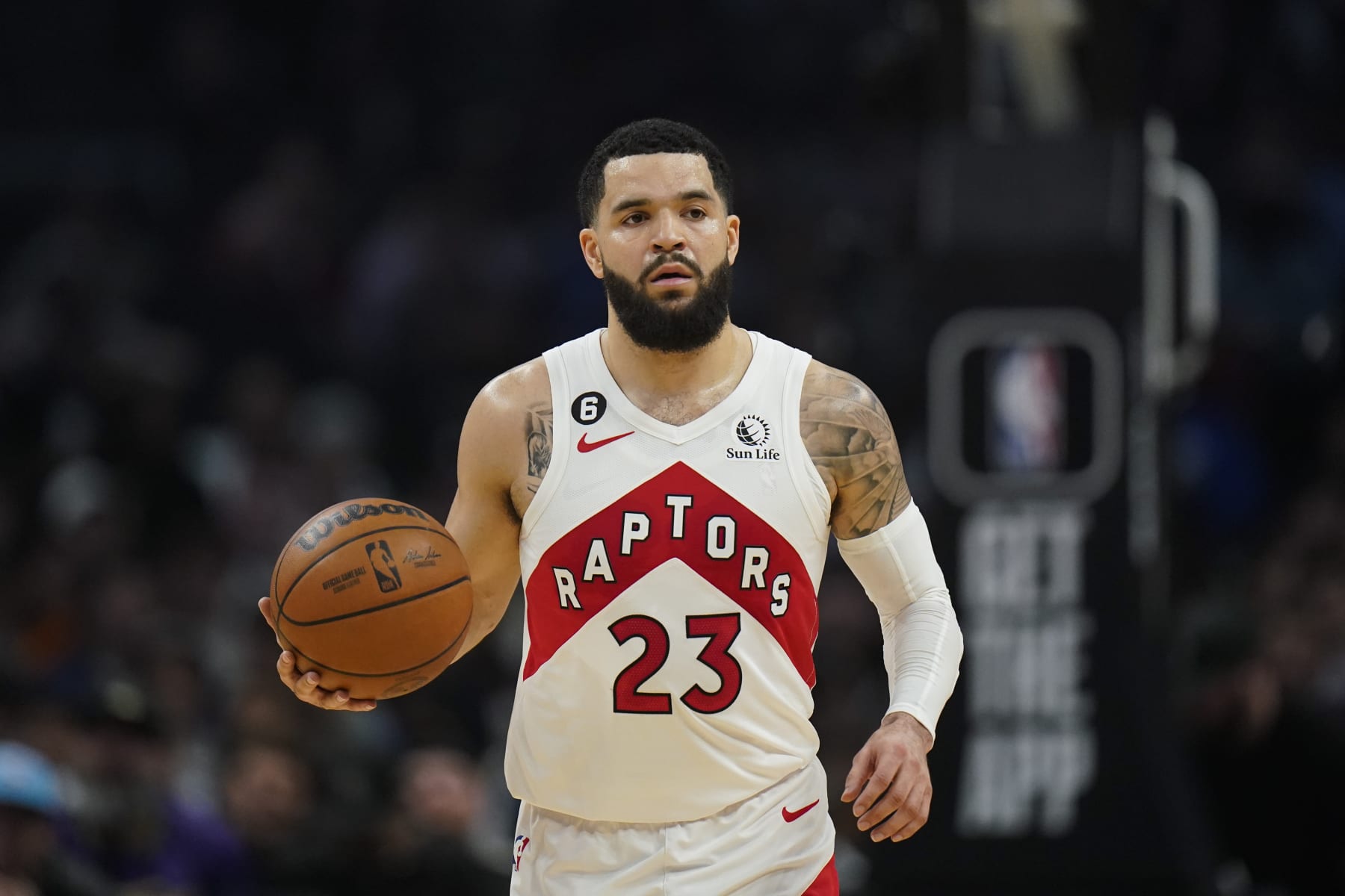 Toronto Raptors' Fred VanVleet dribbles during first half of an NBA basketball game against the Los Angeles Clippers Wednesday, March 8, 2023, in Los Angeles. (AP Photo/Jae C. Hong)