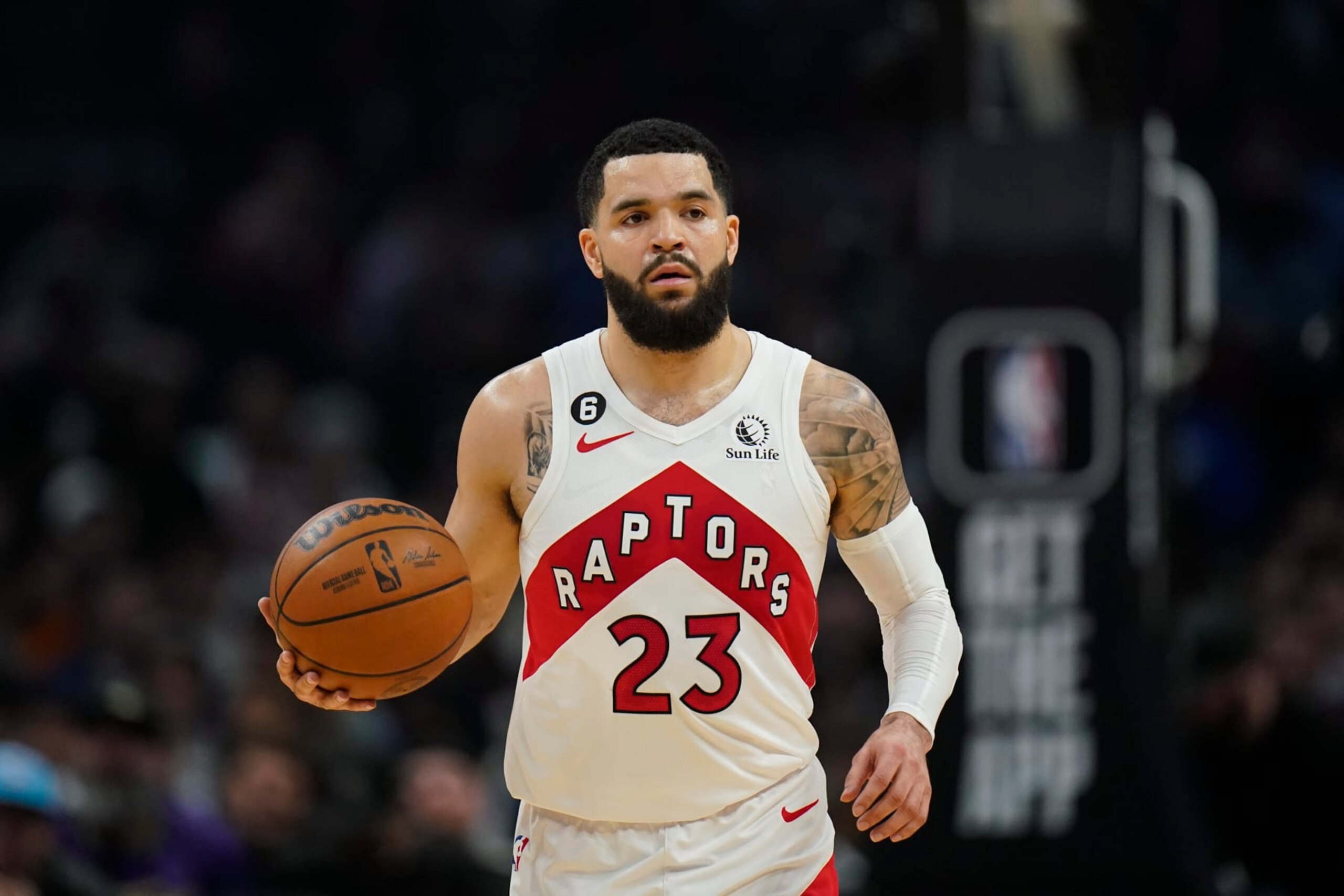 Toronto Raptors' Fred VanVleet dribbles during first half of an NBA basketball game against the Los Angeles Clippers Wednesday, March 8, 2023, in Los Angeles. (AP Photo/Jae C. Hong)
