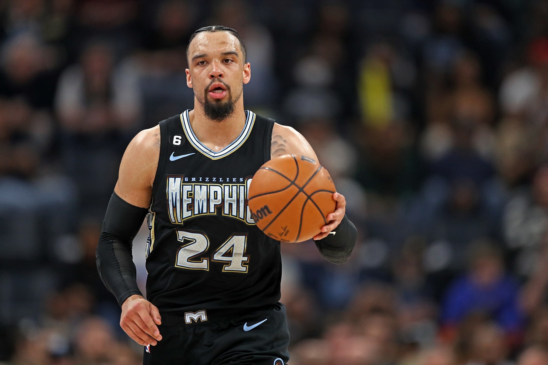 MEMPHIS, TENNESSEE - FEBRUARY 28: Dillon Brooks #24 of the Memphis Grizzlies brings the ball up court during the game against the Los Angeles Lakers at FedExForum on February 28, 2023 in Memphis, Tennessee. NOTE TO USER: User expressly acknowledges and agrees that, by downloading and or using this photograph, User is consenting to the terms and conditions of the Getty Images License Agreement. (Photo by Justin Ford/Getty Images)